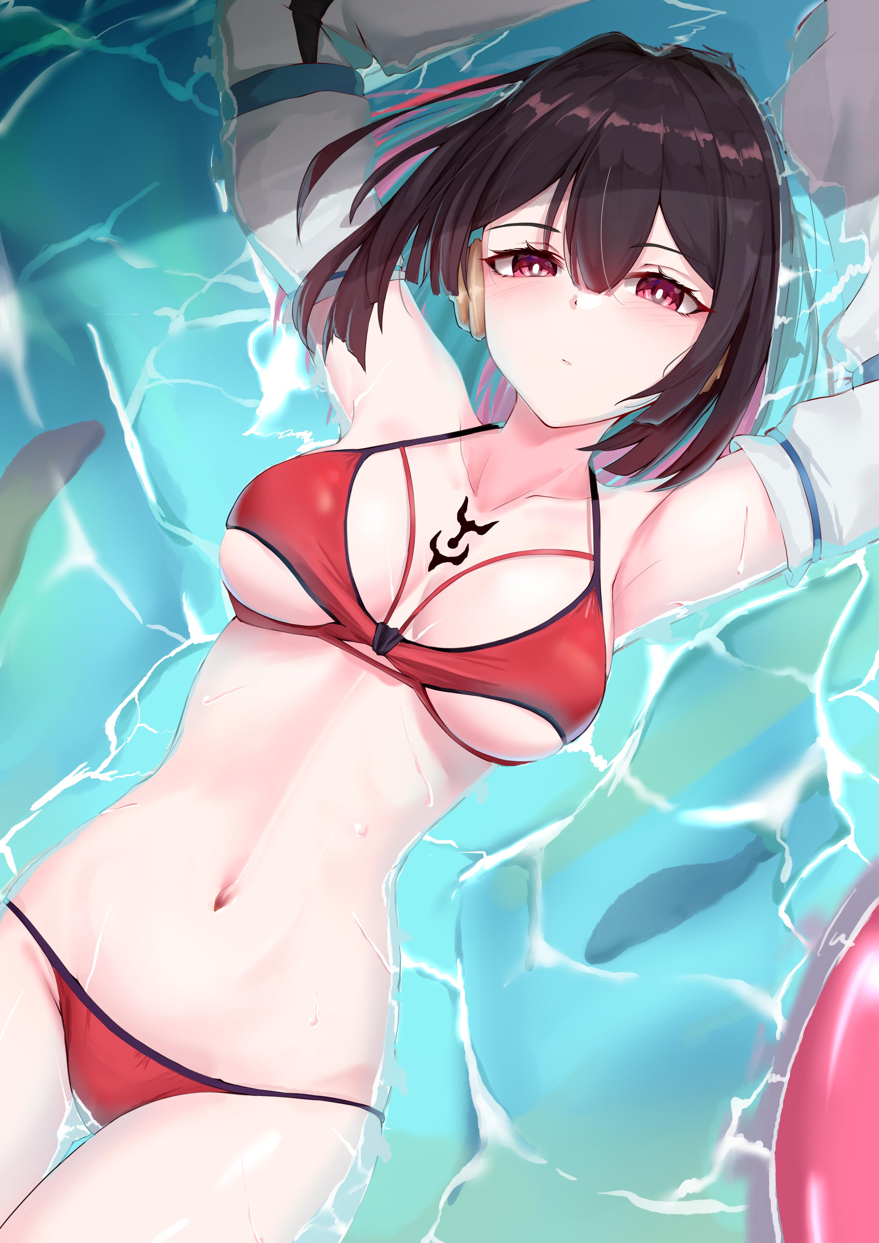 1girls, bikini, bra, breasts, female, honkai (series), honkai: star rail, hoyoverse, lying, mihoyo, panties, pool, red eyes, short hair, swimsuit, tattoo, water, wet, wet body, xueyi (honkai: star rail)