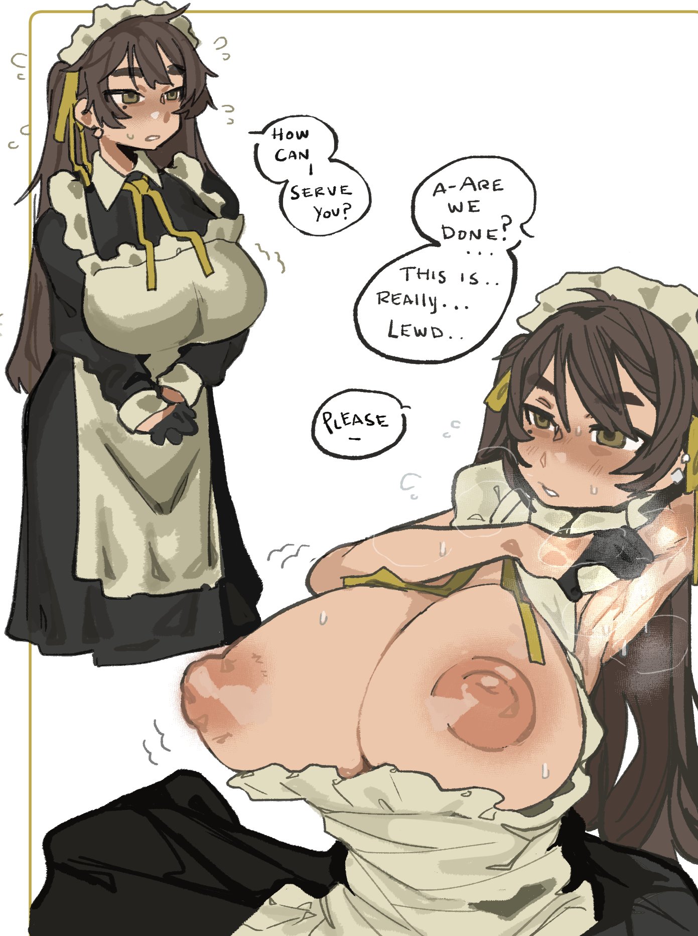 1girls, akiaji margo, arm up, armpit, armpit fetish, blush, breasts, breasts out, brown eyes, brown hair, cum in armpit, female, female only, gloves, huge breasts, indie virtual youtuber, joshikopro, large areolae, large breasts, large nipples, long hair, maid, maid headdress, maid uniform, nipples, ollyxpop, short gloves, steam, sweat, sweaty armpit, text, thick eyebrows, virtual youtuber, y2kqtz