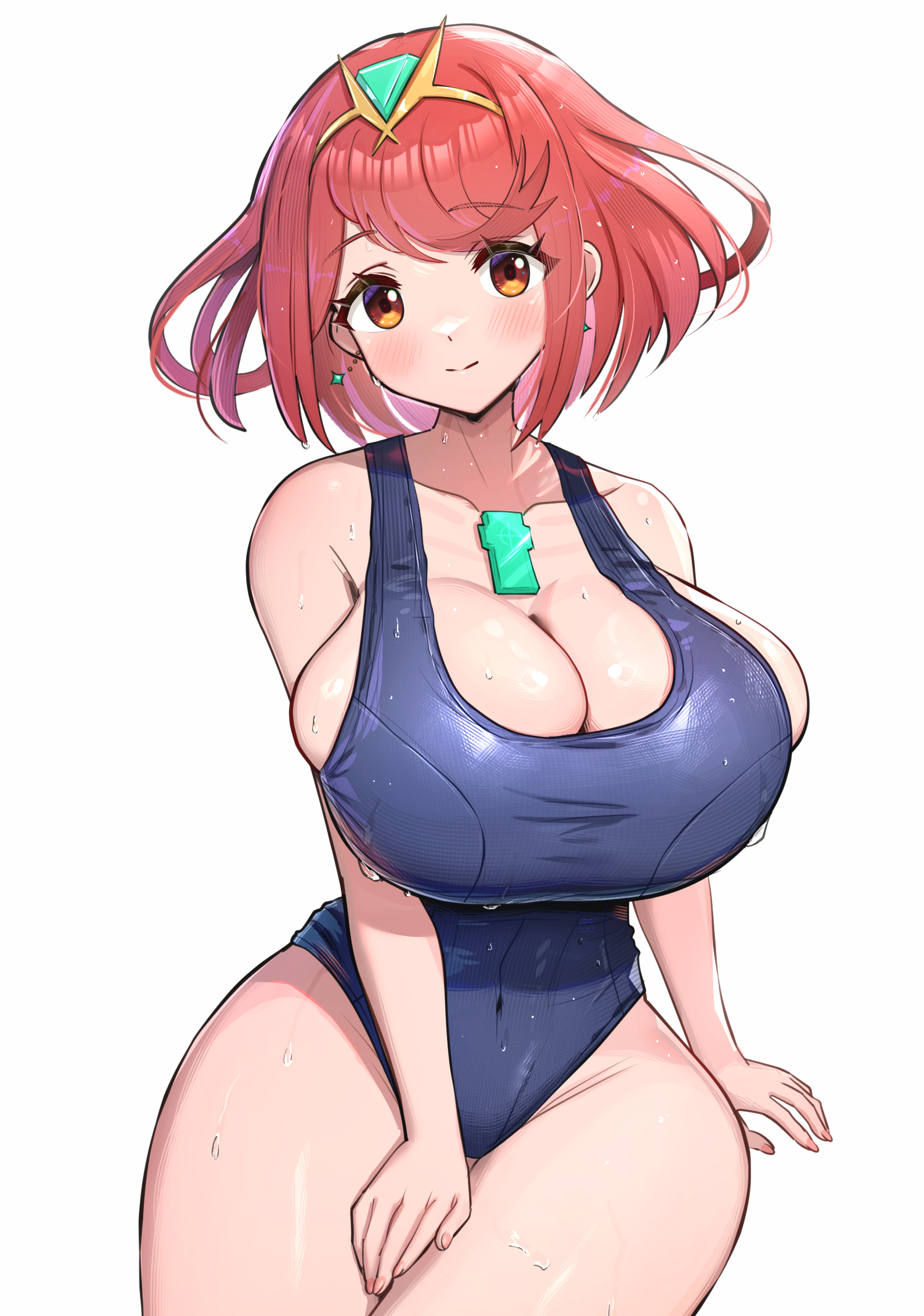 alluring, alternate costume, big breasts, blue one-piece bikini, blush, bob cut, breasts, chest jewel, cleavage, closed mouth, competition school swimsuit, core crystal (xenoblade), covered navel, earrings, female, gem, gonzarez, headpiece, heroine, high res, jewelry, looking at viewer, navel, new school swimsuit, nintendo, one-piece bikini, pyra, red eyes, red hair, school swimsuit, short hair, smile, swept bangs, swimsuit, thighs, tiara, xenoblade (series), xenoblade chronicles 2