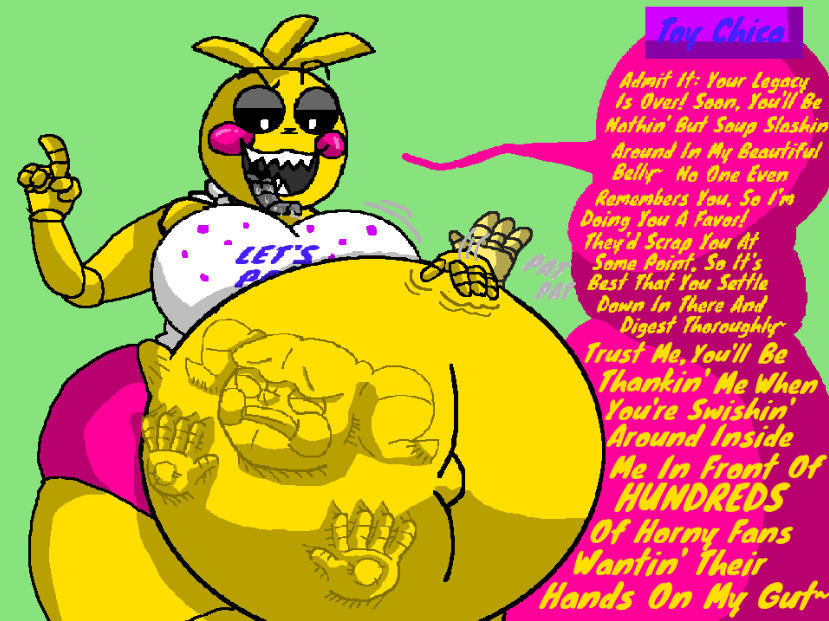 2girls, animatronic, animatronic female, baby (fnafsl), belly bulge, chicken, chicken girl, circus baby, circus baby (fnaf), clown, clown girl, female, five nights at freddy's, five nights at freddy's 2, five nights at freddy's: sister location, robot, robot girl, sirscotty972, toy chica (fnaf), vore, vore belly