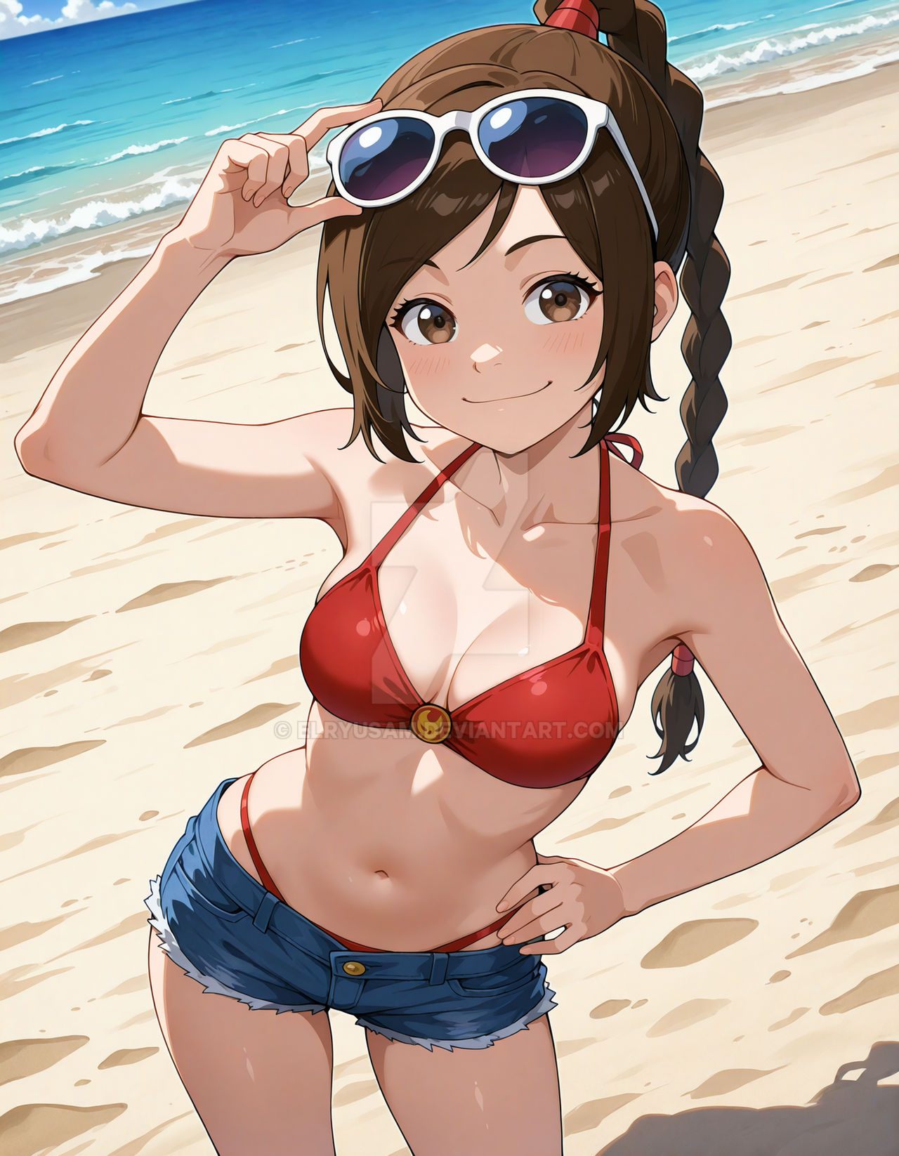 2025 ai_generated avatar_the_last_airbender beach belly bikini_under_shorts brown_eyebrows brown_eyes brown_ponytail deviantart elryusam hand_on_glasses hand_on_hip holding_sunglasses looking_at_viewer meta mouth_closed nickelodeon not_porn orange_cheeks paramount_animation red_bikini short_jeans smile_at_viewer smiling_at_viewer tummy ty_lee viacom white_sunglasses young