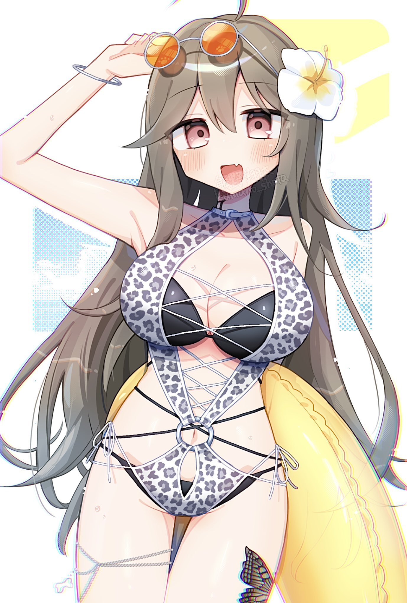 1girls armpit big_breasts bikini blush breasts butterfly_tattoo d4dj date-chan female flower flower_in_hair grey_hair huge_breasts innertube kumano_shota long_hair red_eyes sunglasses swimsuit tattoo thick_thighs water watermark wet