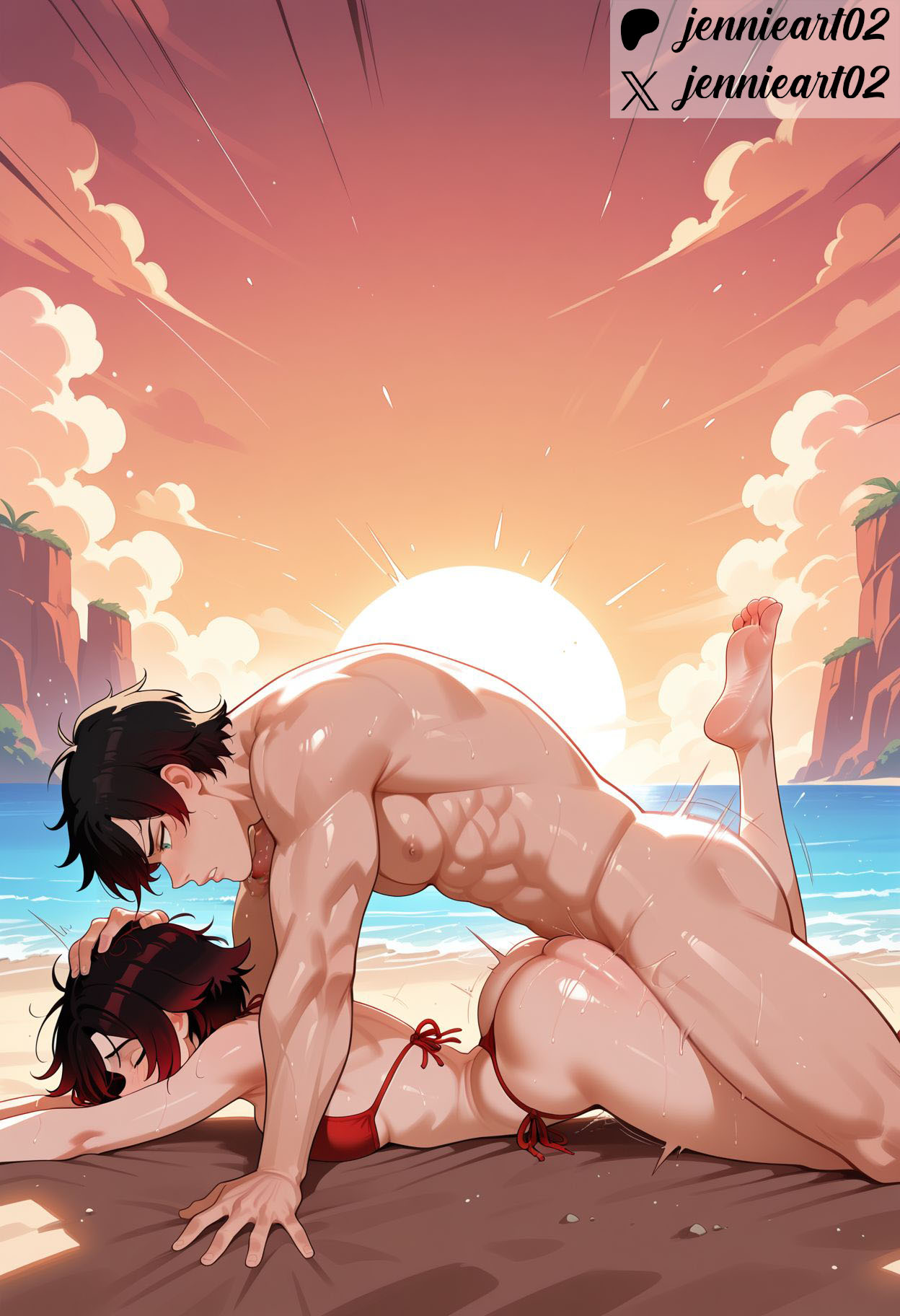 1boy abs ai_generated ass bangs barefoot beach beach_towel bed bikini bikini_bottom black_hair blue_sky blush breasts closed_eyes clothed_female_nude_male clothing cloud completely_nude dark_skin day feet female female genshin_impact gradient_hair jennieart02 large_breasts lying male manly medium_breasts multicolored_hair muscle muscular muscular_male nipples nude ocean on_stomach outdoors patreon patreon_logo patreon_username penis prone_bone red_bikini red_hair ruby_rose sand sex sex_from_behind short_hair side-tie_bikini_bottom side-tie_clothing side-tie_swimsuit sky soles straight sun sunset sweat swimsuit taken_from_behind text thong_bikini toes twitter twitter_username water watermark wet