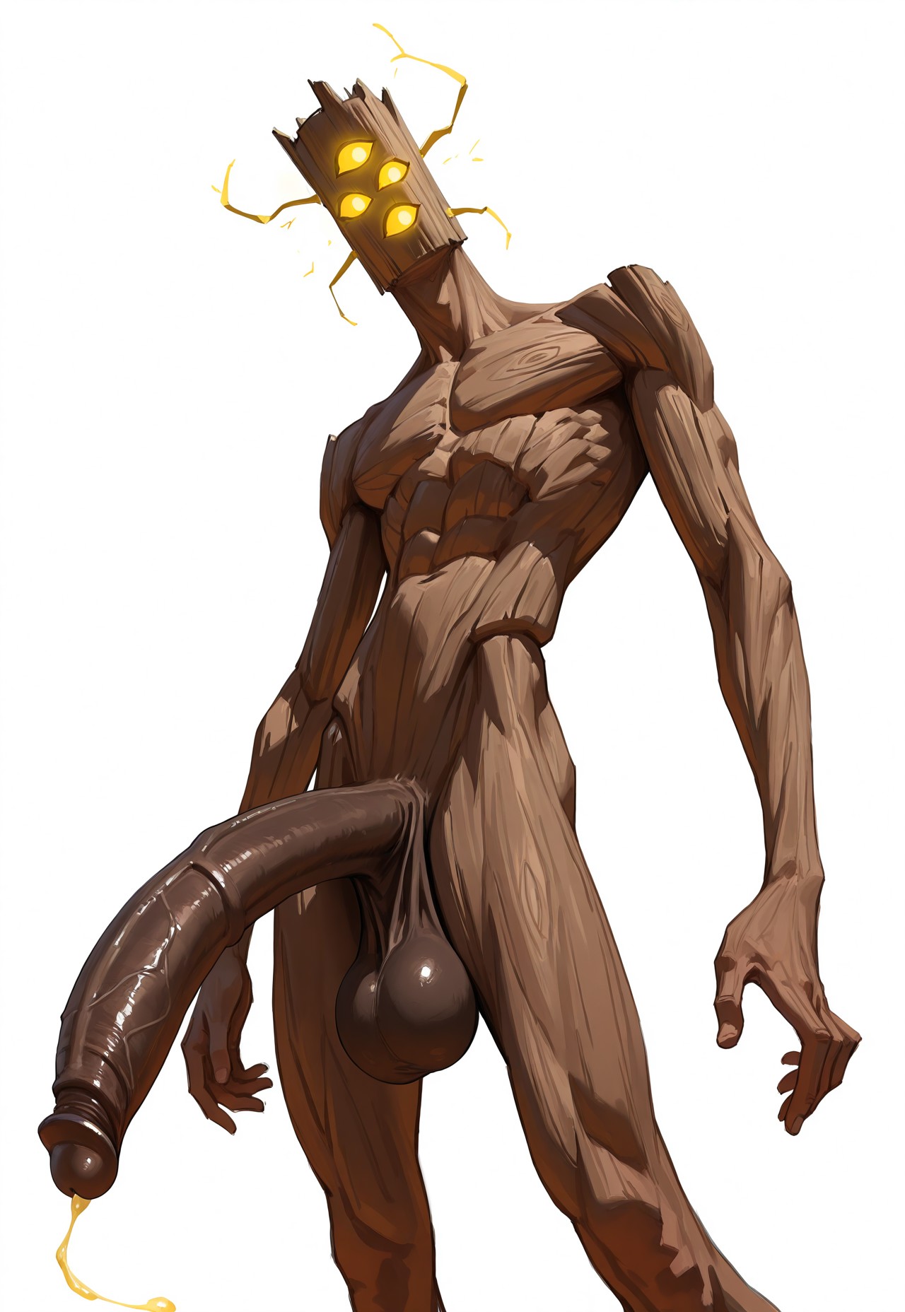 ai generated, balls, bara, big balls, big penis, brown skin, gay, male, minecraft, monster boy, monster cock, penis, precum, the creaking (minecraft), wooden body, yaoi, yellow eyes