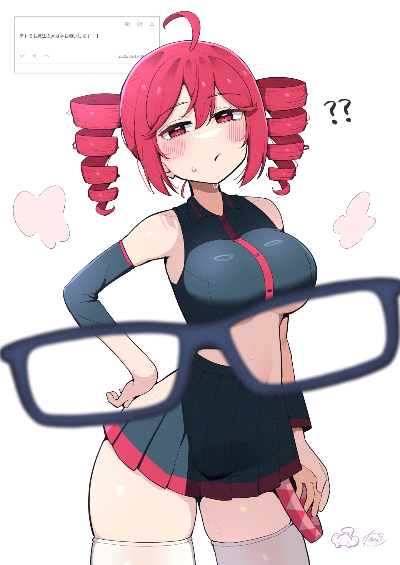1girls, 2d, 2d (artwork), absolute territory, ahoge, belly, big breasts, blush, breasts, clothed, clothed female, clothing, curvy, curvy female, curvy figure, detached sleeves, female, female focus, female only, fully clothed, hand on hip, kasane teto, koeikobo, large breasts, miniskirt, navel, red eyes, red hair, request, skindentation, skirt, solo, solo female, sweat, sweating, thick thighs, thighhighs, thighs, twin drills, utau, white background, white thighhighs, wide hips, x-ray, x-ray glasses, x-ray through clothes, x-ray view