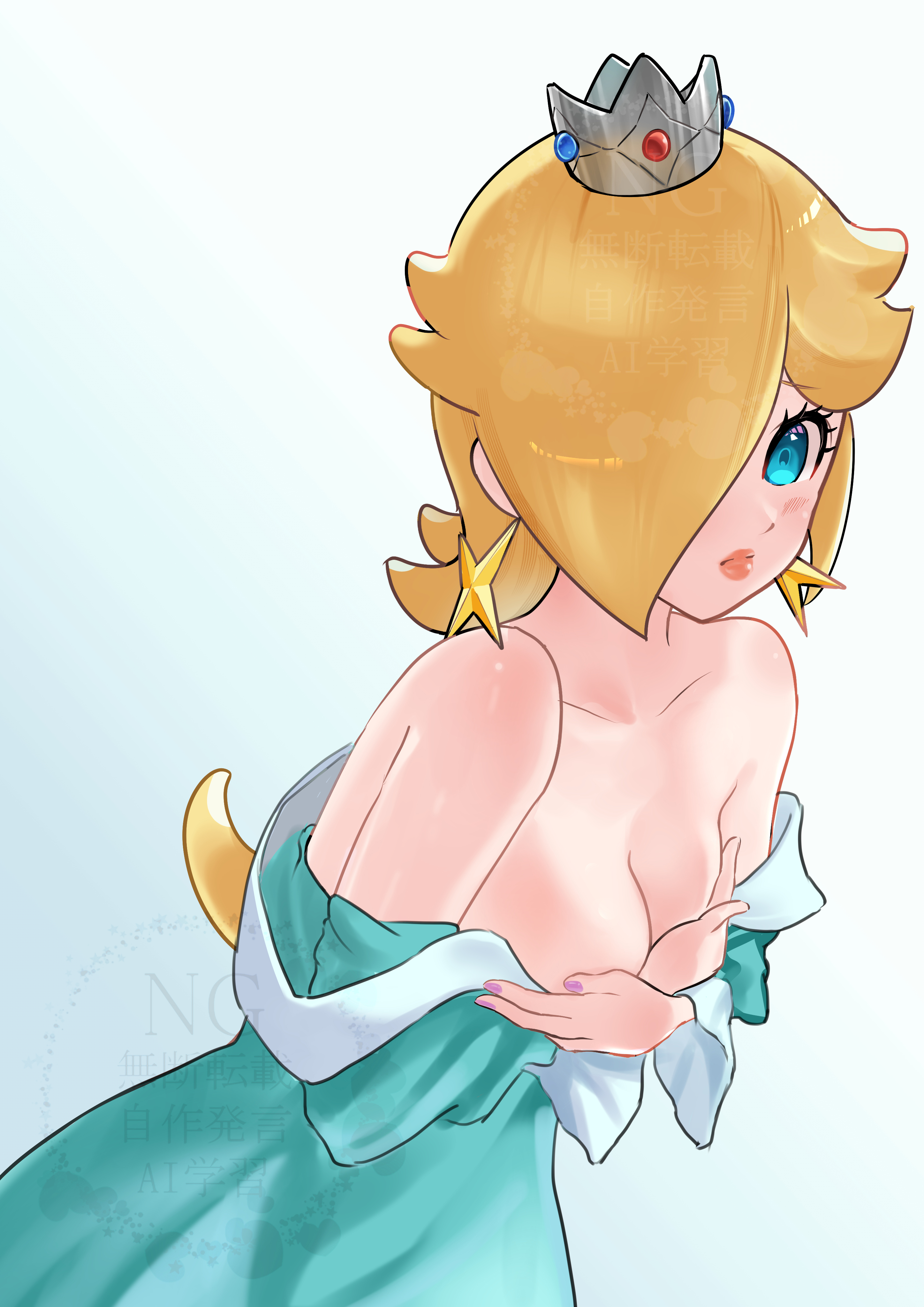 bare shoulders, blonde hair, blue eyes, breasts, clothed, clothed female, clothing, crown, dress, earrings, female, female only, hair over one eye, hi res, jewelry, kurere1202, lips, long hair, looking at viewer, mario (series), nail polish, nintendo, off shoulder, princess rosalina, rosalina, solo, solo female, star (symbol), star earrings, super mario galaxy