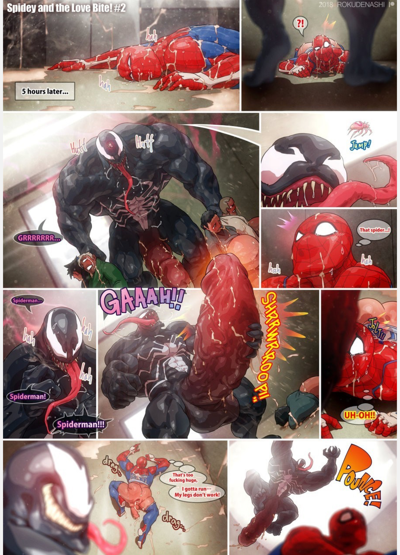 2boys, anus, ass, attempted escape, bara, cum, cum from ass, cum in ass, cum on body, eddie brock, gaping anus, gay, horny male, huge cock, hyper penis, male, male only, marvel, marvel comics, penis, peter parker, pounce, questionable consent, rokudenashi, spider-man, spider-man (series), sweat, tongue, tongue out, venom (marvel), yaoi