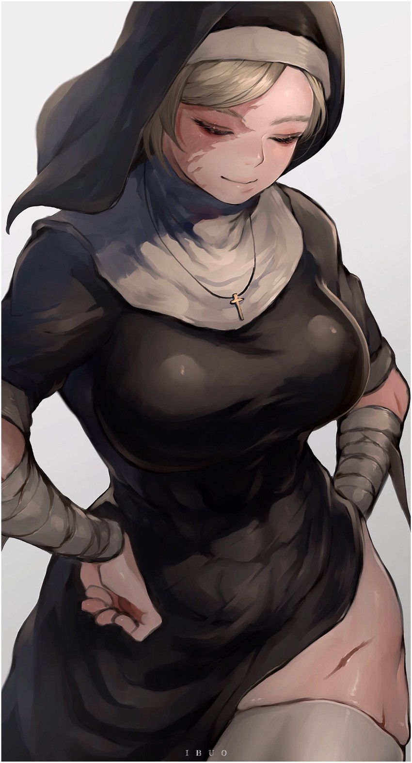 1girls, abs, artist name, athletic, athletic female, bandaged arm, breasts, burn scar, closed eyes, cross, cross necklace, hands on hips, ibuo, large breasts, looking down, muscular, muscular female, muscular thighs, nun, nun hat, nun's habit, simple background, solo, solo female, thick thighs, thighs, veil