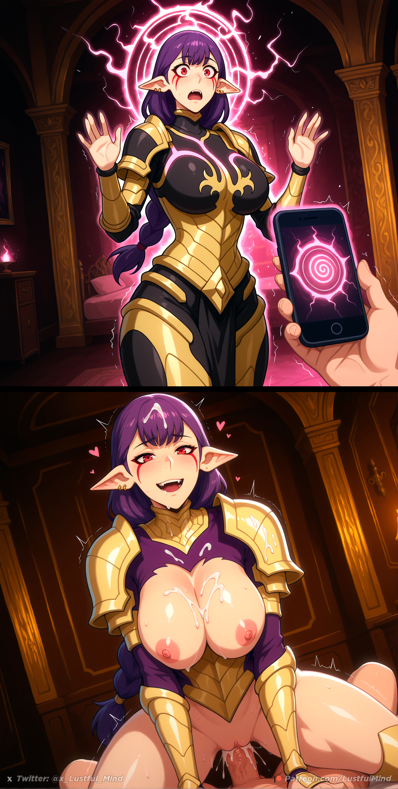 1boy, 1girls, ai generated, armor, armored female, before and after, brainwashing, breasts, breasts out, cowgirl position, cum on breasts, cum on hair, demon, demon girl, esil radiru, exposed breasts, female, glowing, hands up, happy, hetero, hypnosis, hypnosis app, indoors, looking at viewer, low angle, lustful mind, male, male/female, mind break, mind control, naughty face, nipples, open mouth, penis, penis in pussy, pointy ears, purple hair, pussy, red eyes, saliva, saliva string, saliva trail, shocked, solo leveling, straight, surprised, tagme, torn clothes, vaginal penetration, vaginal sex