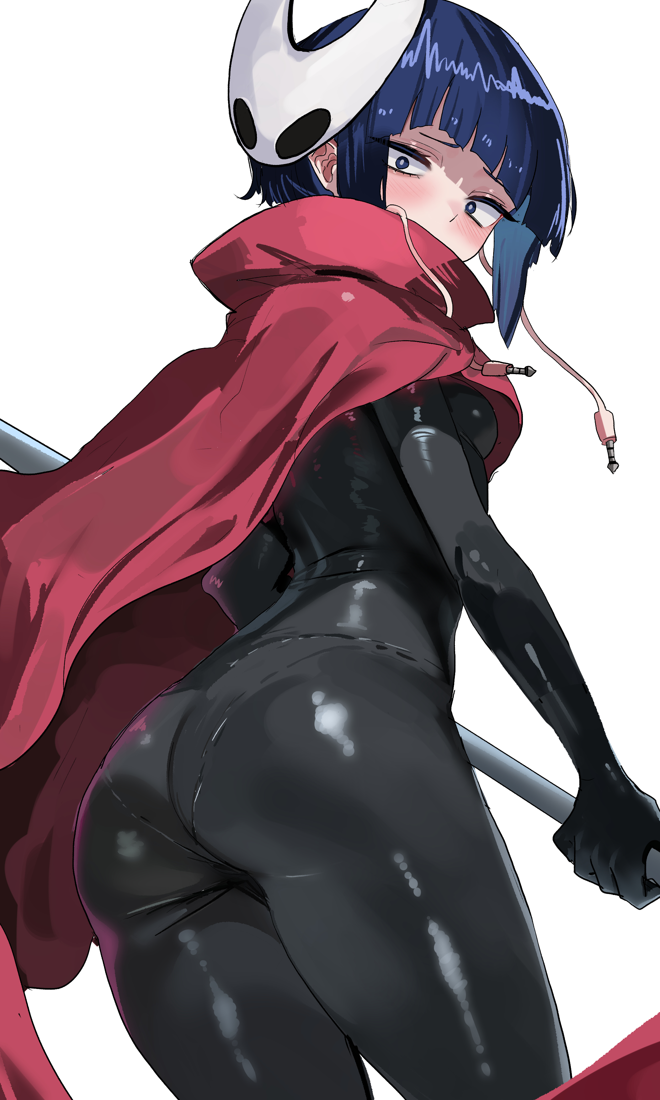 1girls, absurdres, ass, audio jack, black bodysuit, black eyes, blue hair, blunt bangs, bodysuit, boku no hero academia, breasts, cloak, cosplay, female, female only, from behind, highres, hollow knight, hornet (hollow knight), hornet (hollow knight) (cosplay), jiro kyoka, kyoka jiro, long earlobes, looking at viewer, looking back, mask, mask on head, my hero academia, needle (hollow knight), purple hair, purple-haired female, red cloak, short hair, sidelocks, simple background, small breasts, solo, white background, white mask, zd (pixiv6210083)