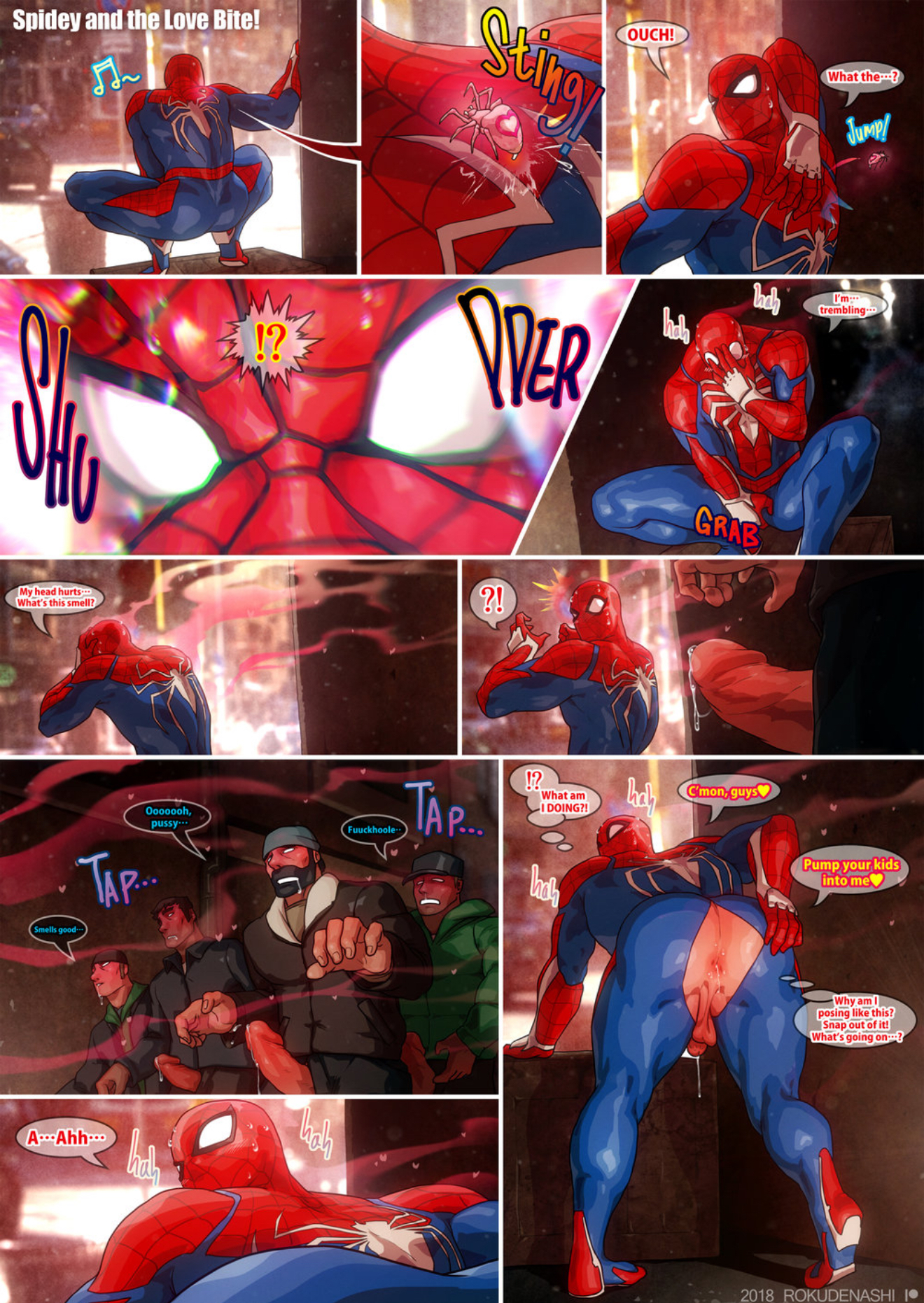 5boys, alley, alleyway, anal juice, anticipation, anus, anus peek, ass, bara, big ass, bug, comic, dominant, dominant male, gay, hero, horny, horny male, imminent sex, insomniac games, internal monologue, inviting, inviting to sex, male, male only, marvel, marvel comics, mask, masked, masked male, mind break, peter parker, precum, rokudenashi, scent, spider-man, spider-man (ps4), spider-man (series), spiderman, submissive, submissive male, sweat, sweating, transformation, yaoi