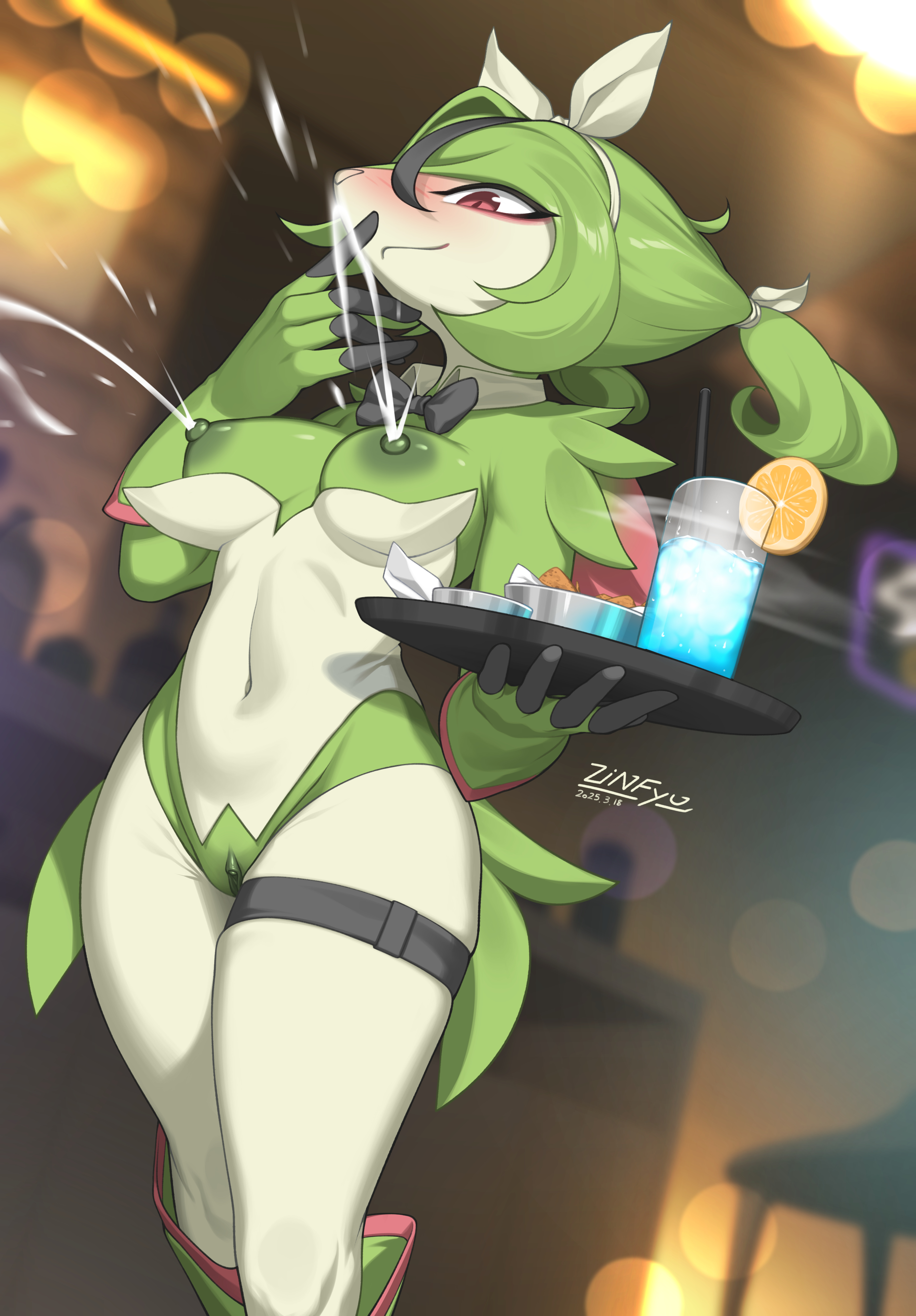 2025, 5 fingers, absurd res, anthro, areola, autolactation, blush, bodily fluids, breasts, clothed, clothed anthro, clothed female, clothing, deer, digital media (artwork), exposed breasts, female, fingers, front view, fur, generation 5 pokemon, genitals, green body, green fur, green hair, hair, hi res, holding object, inside, lactating, legendary pokemon, mammal, navel, nintendo, nipples, pokemon, pokemon (species), pussy, red eyes, solo, standing, virizion, zinfyu