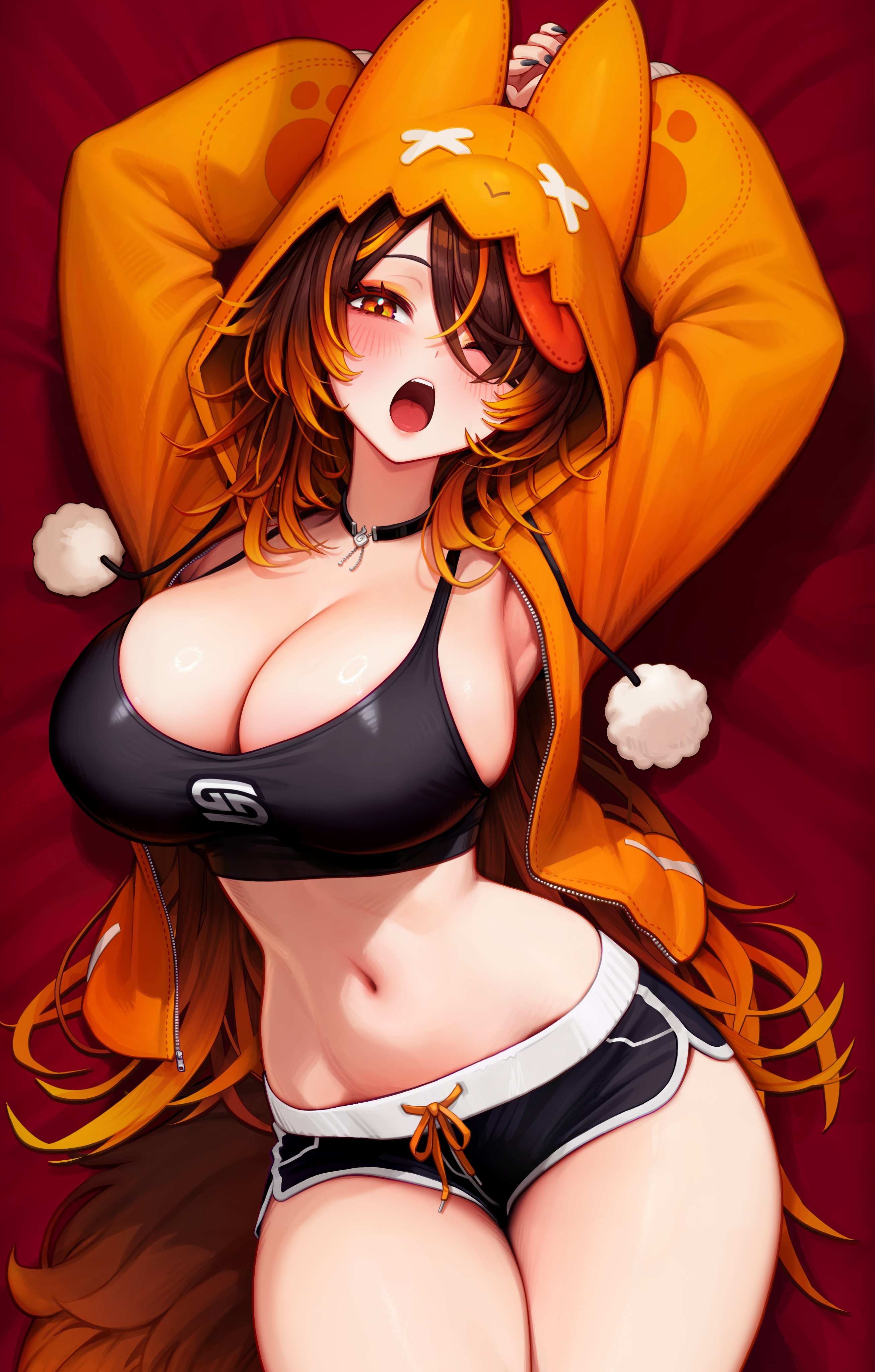 1girls, absurdres, alternate costume, animal ears, animal hood, armpit peek, armpits, arms behind head, arms up, bed sheet, black choker, black nails, black shirt, black shorts, breasts, brown hair, camisole, choker, cleavage, clickdraws, commentary, cowboy shot, crop top, dolphin shorts, drawstring, english commentary, fake animal ears, female, female only, furry, gradient hair, hellhound, highres, hood, hooded jacket, indie virtual youtuber, jacket, large breasts, long hair, long sleeves, looking at viewer, lying, micro shorts, midriff, multicolored hair, nail polish, navel, official alternate costume, official alternate hairstyle, official art, on back, one eye closed, open clothes, open jacket, open mouth, orange eyes, orange hair, orange jacket, second-party source, shirt, short shorts, shorts, sinder (vtuber), sinder (vtuber) (pyro pajamas), sleeveless, sleeveless shirt, solo, stomach, thighs, two-tone hair, very long hair, virtual youtuber, wolf, wolf girl