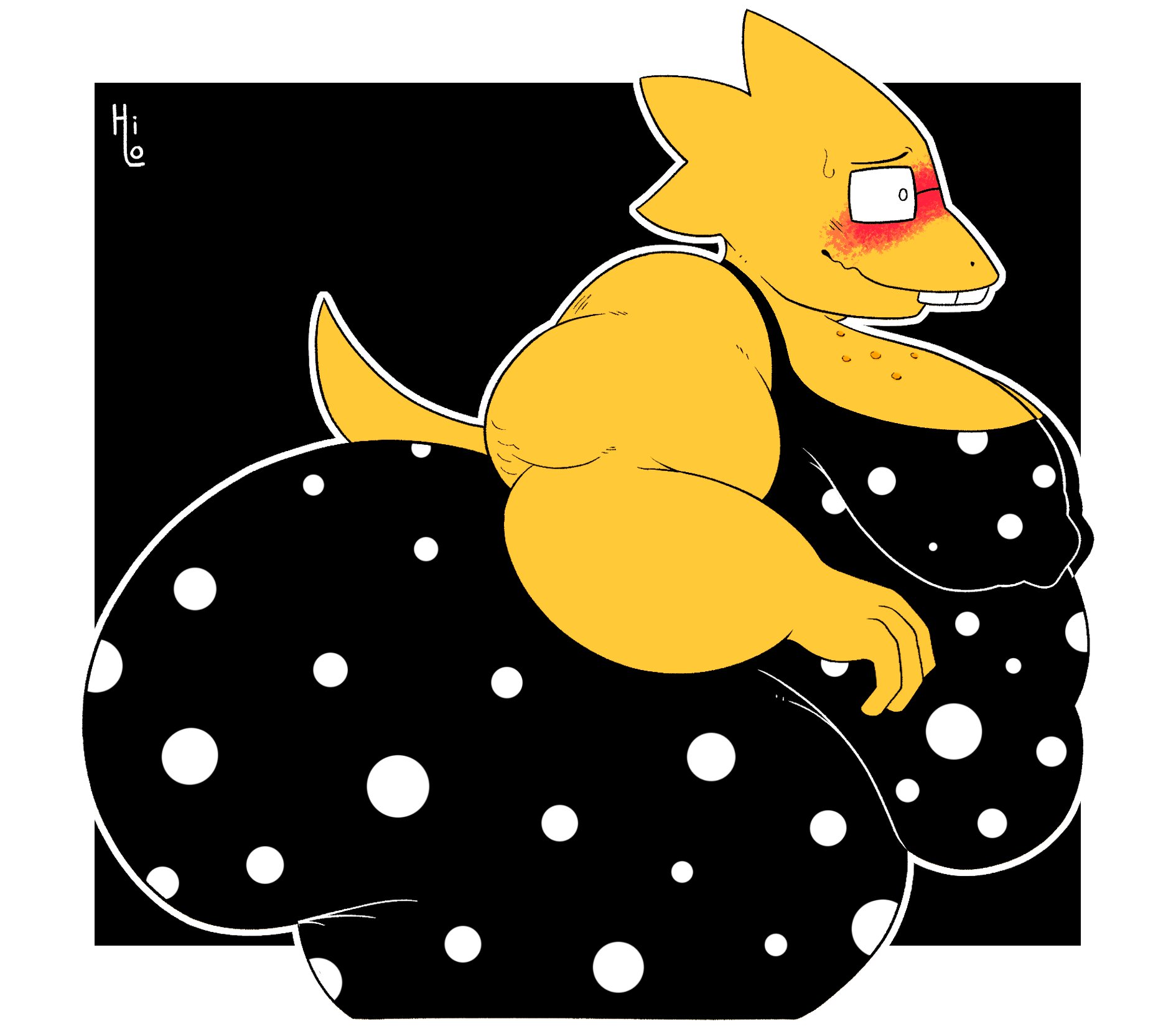 2025, alphys, anthro, artist name, ass, bbw, big ass, big breasts, big butt, black background, black clothing, black dress, black eyes, black eyewear, black glasses, blush, bodily fluids, breasts, clothed, clothing, digital media (artwork), dress, eyewear, female, freckled face, freckles, glasses, hi res, huge ass, huge butt, itsme hilo, lizard, multicolored clothing, multicolored dress, nervous, nipple outline, obese, obese anthro, obese female, overweight, overweight anthro, overweight female, pattern clothing, pattern dress, reptile, scales, scalie, side view, simple background, solo, spots, spotted clothing, spotted dress, standing, sweat, tail, teeth, text, thick thighs, two-tone clothing, two-tone dress, undertale, undertale (series), white clothing, white dress, yellow body, yellow nose, yellow scales, yellow tail