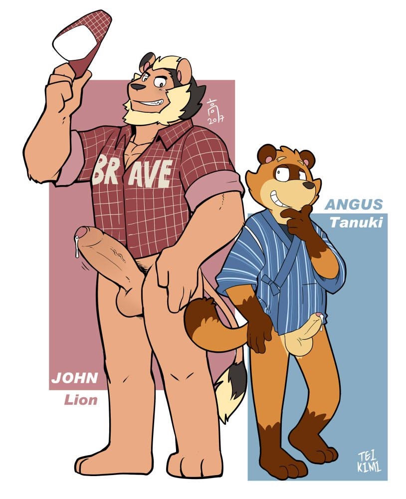 2017 angus_tanuki anthro balls bottomless clothed clothing cum cute erection feline john_lion lion male mammal naughty_face precum romantic_couple tanuki tekimi yaoi