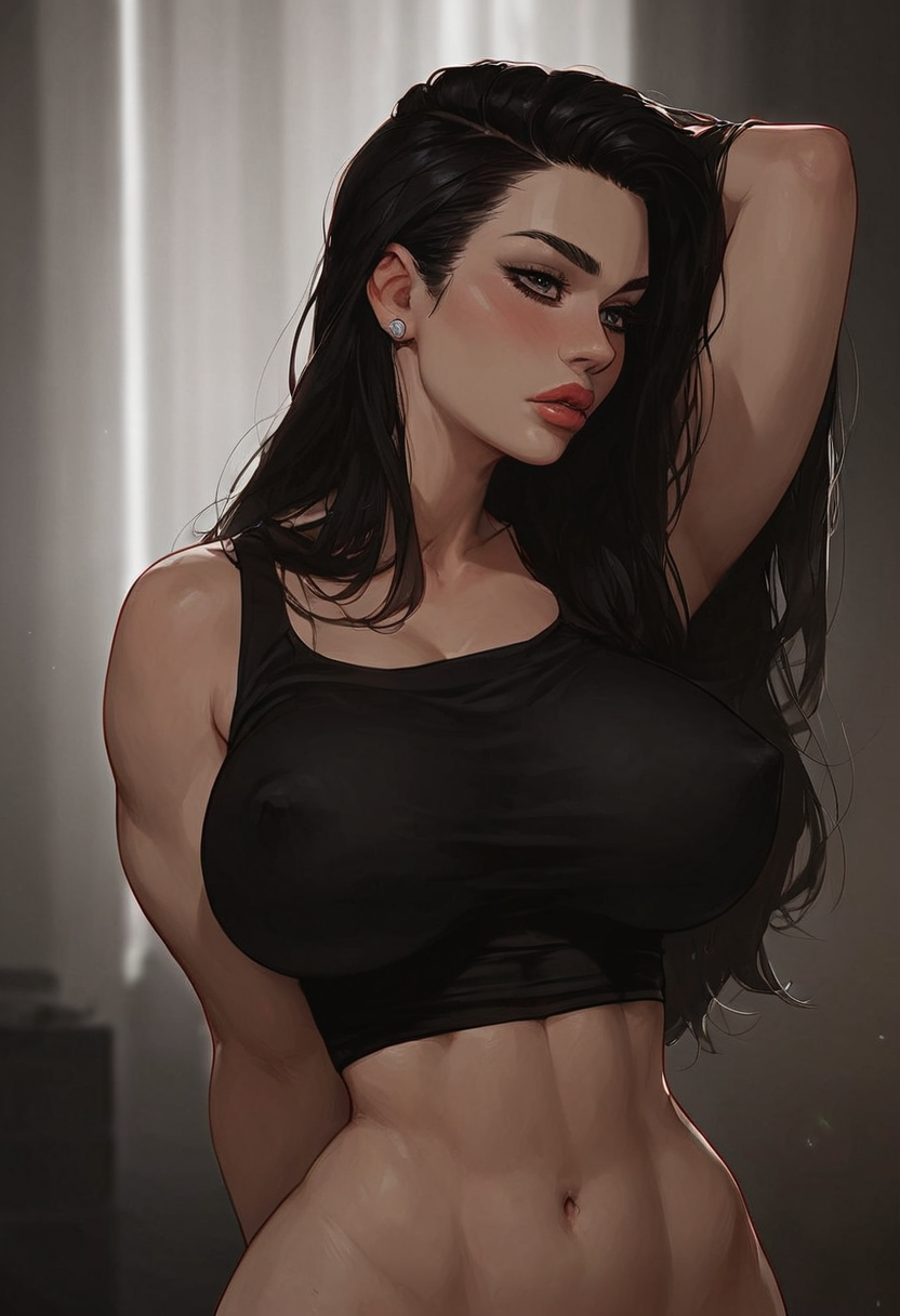 ai_generated black_crop_top black_eyes black_hair black_topwear bottomless cottonseizure female hand_behind_head midriff muscular navel no_panties one_hand_behind_head one_hand_raised red_lips red_lipstick