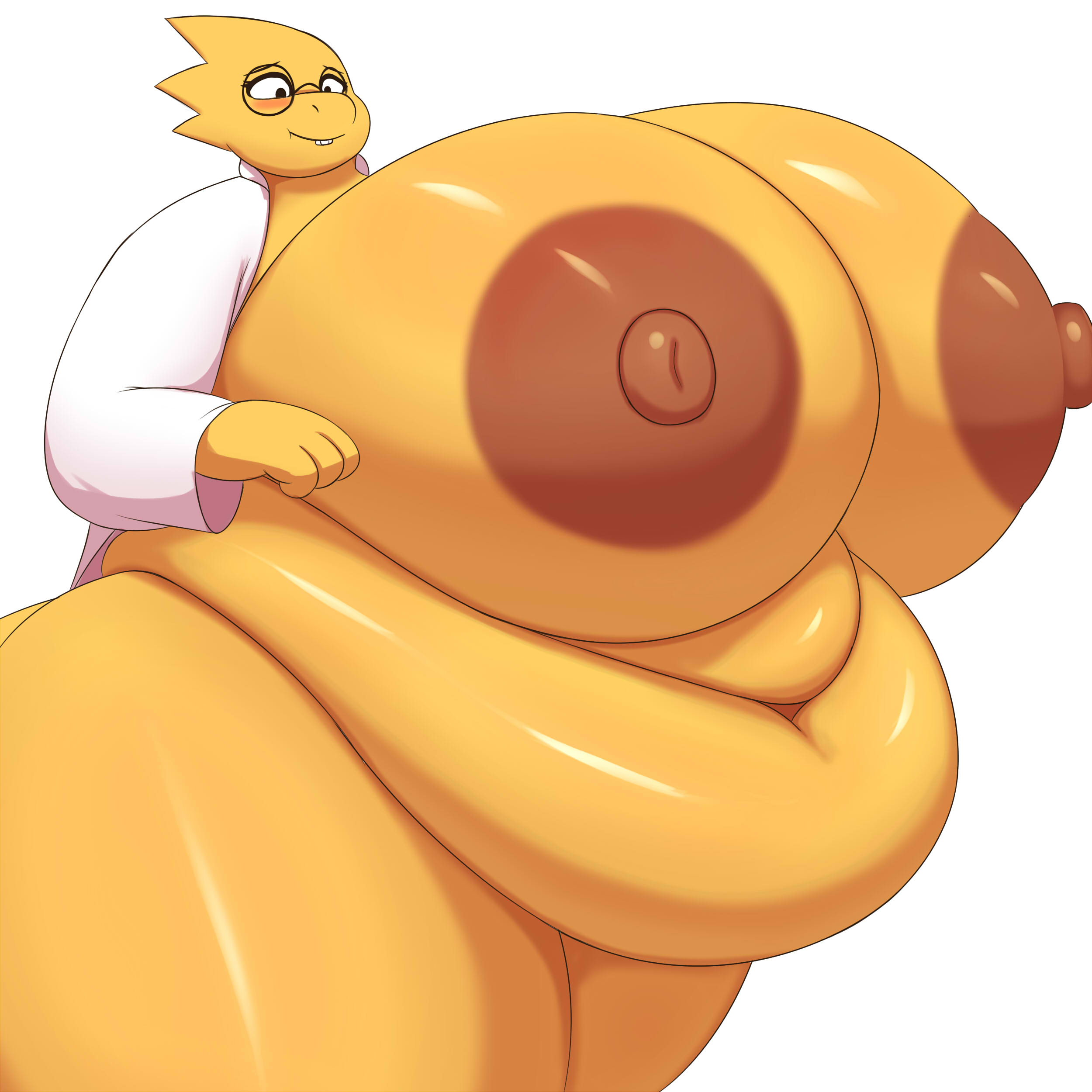 1:1, 2025, 4 fingers, absurd res, alphys, anthro, belly, big belly, big breasts, big nipples, blush, breasts, breasts bigger than head, brown nipples, clothed, clothing, coat, deep navel, eyebrows, eyewear, fat, female, fingers, glasses, hi res, hidenafox, huge belly, huge breasts, hyper, hyper belly, hyper breasts, labcoat, lizard, navel, nipples, non-mammal nipples, obese, obese anthro, obese female, overweight, overweight anthro, overweight female, reptile, scalie, shaded, simple background, solo, standing, tail, topwear, undertale, undertale (series), white background