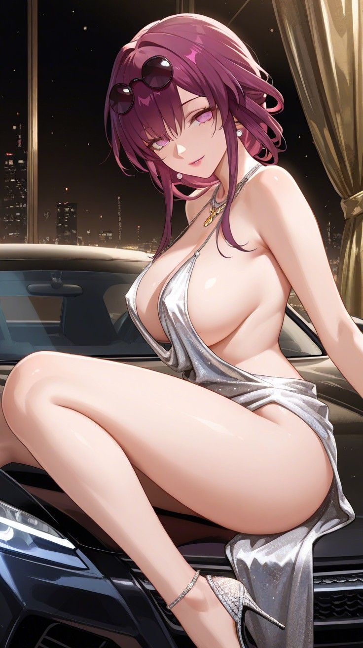 1girls, ai generated, alluring, azur lane, background, backless outfit, bangs, bare arms, bare legs, bare shoulders, big breasts, breasts, car, city, cleavage, commentary request, cosplay, curtains, dress, earrings, elegant, female, female focus, female only, hair, high heels, honkai (series), honkai: star rail, hoyoverse, kafka (honkai: star rail), large breasts, leg up, legs, legs up, lia the busty redhead, lipstick, long eyelashes, long hair, looking at viewer, magenta eyes, magenta hair, makeup, necklace, night, no bra, no panties, pose, posing, seductive, seductive look, seductive pose, seductive smile, self upload, sexy, sexy pose, sideboob, sitting, sitting on car, skimpy, skimpy clothes, skyscraper, solo, solo female, solo focus, st. louis (luxurious wheels) (azur lane) (cosplay), suggestive, suggestive look, suggestive pose, sunglasses, sunglasses on head, tagme, thighs