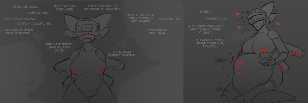 1girls, 2koma, churnstyle, death, digestion, digestion noises, disposal, english, english text, fatal vore, female, female only, female pred, guilty, gurgle, heart, instant loss 2koma, lowres, nipples, pearl (gabby teratail), regretful pred, reluctant pred, robot, robot girl, skull, text, vore