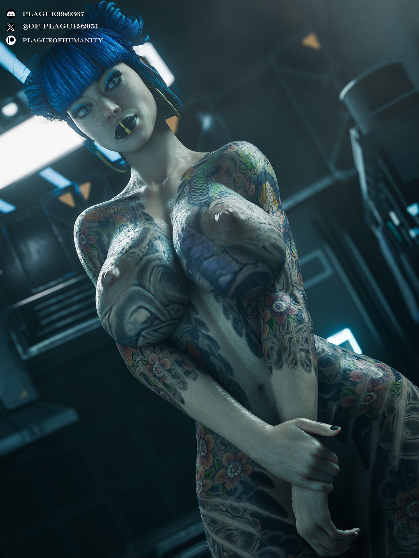 1girls, 3d, big breasts, black lipstick, blue hair, breasts, cd projekt red, cheri nowlin, cyberpunk 2077, female, female only, huge breasts, lipstick, nipples, plague of humanity (artist), solo, tattoo, tattoos, tattoos everywhere, yakuza tattoo
