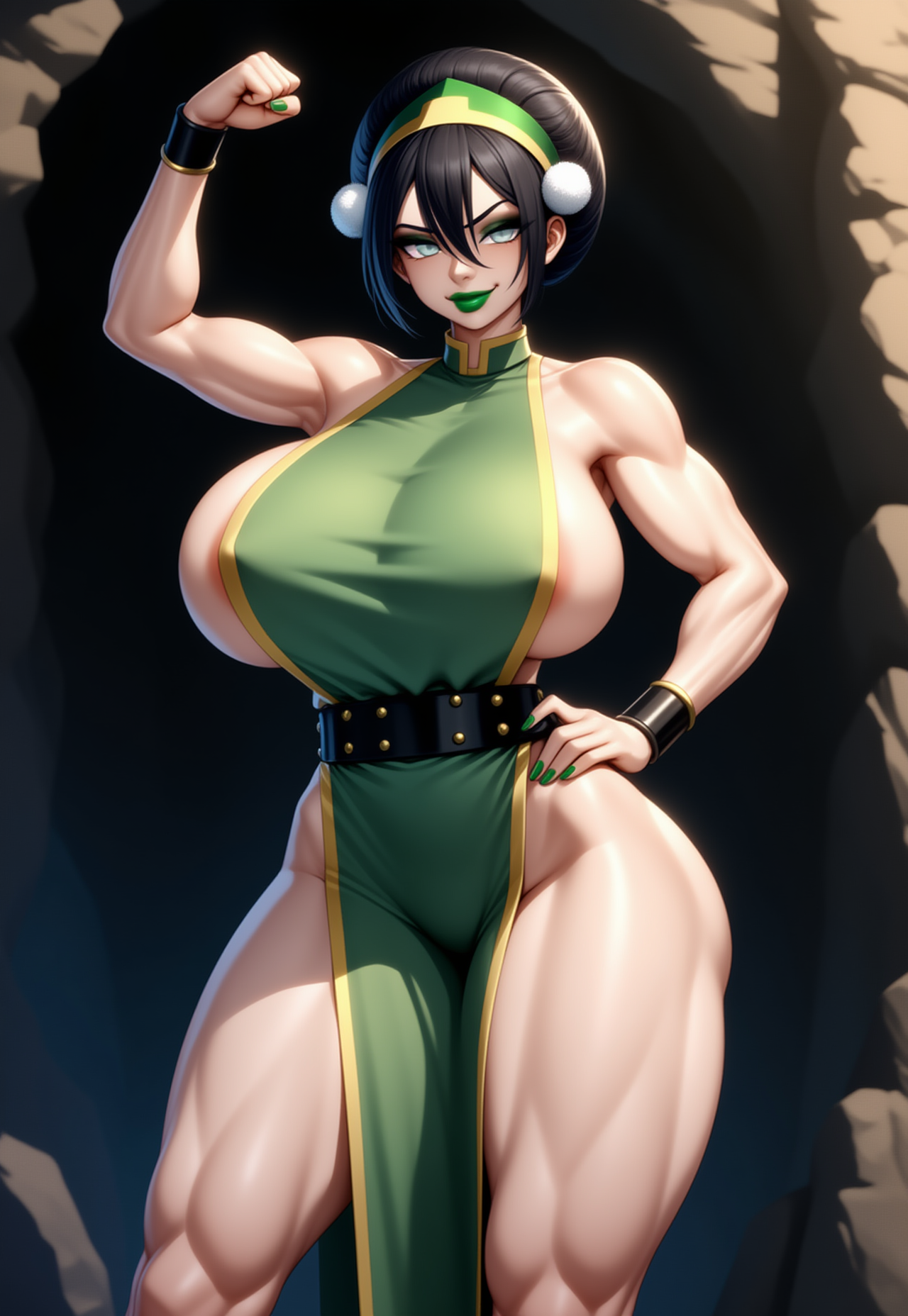 1girls, adapted costume, aged up, ai generated, alternate breast size, areola, areolae, ass, avatar the last airbender, barely clothed, battle bimbo, big breasts, bimbo, bimbo body, bimbofication, bimbofied, black hair, blind, breasts, cave, confident, eyeshadow, female, fist, grey eyes, hand on hip, huge ass, huge breasts, lipstick, makeup, muscular, muscular female, novelai, pelvic curtain, raised fist, rock, shadow, sideboob, sideless outfit, smirk, smirking, smirking at viewer, smug, smug smile, solo, solo female, stone, taut clothes, tgm101 (artist), thick lips, thick thighs, thin waist, toph bei fong, wide hips, wrist cuffs, wristband