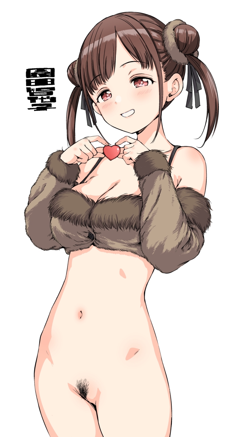 blush, bottomless, breasts, brown hair, cleavage, commentary request, crop top, detached sleeves, double bun, female, female pubic hair, hair bun, hamao, heart, highres, holding, holding heart, idolmaster, idolmaster shiny colors, looking at viewer, male, medium breasts, navel, pink eyes, pubic hair, smile, solo, sonoda chiyoko, twintails male