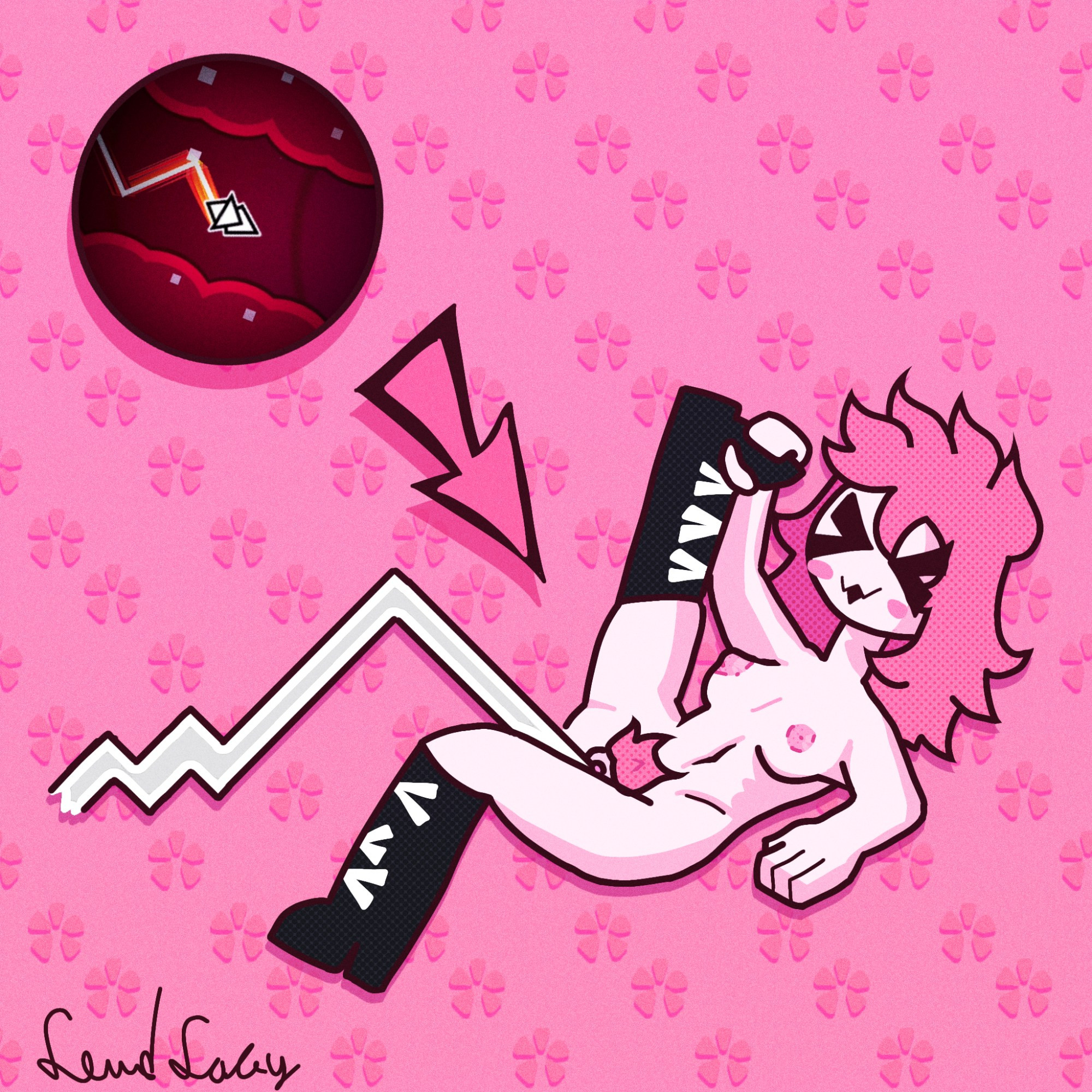 arrow, ashley (oddmod), ashley wave trials, blush, boots, breasts, closed eyes, female, geometry dash, internal view, lewdlacey, lifting leg, naked, naked footwear, oddmod, pink hair, pink pubic hair, pubic hair, pussy, tagme, vagina