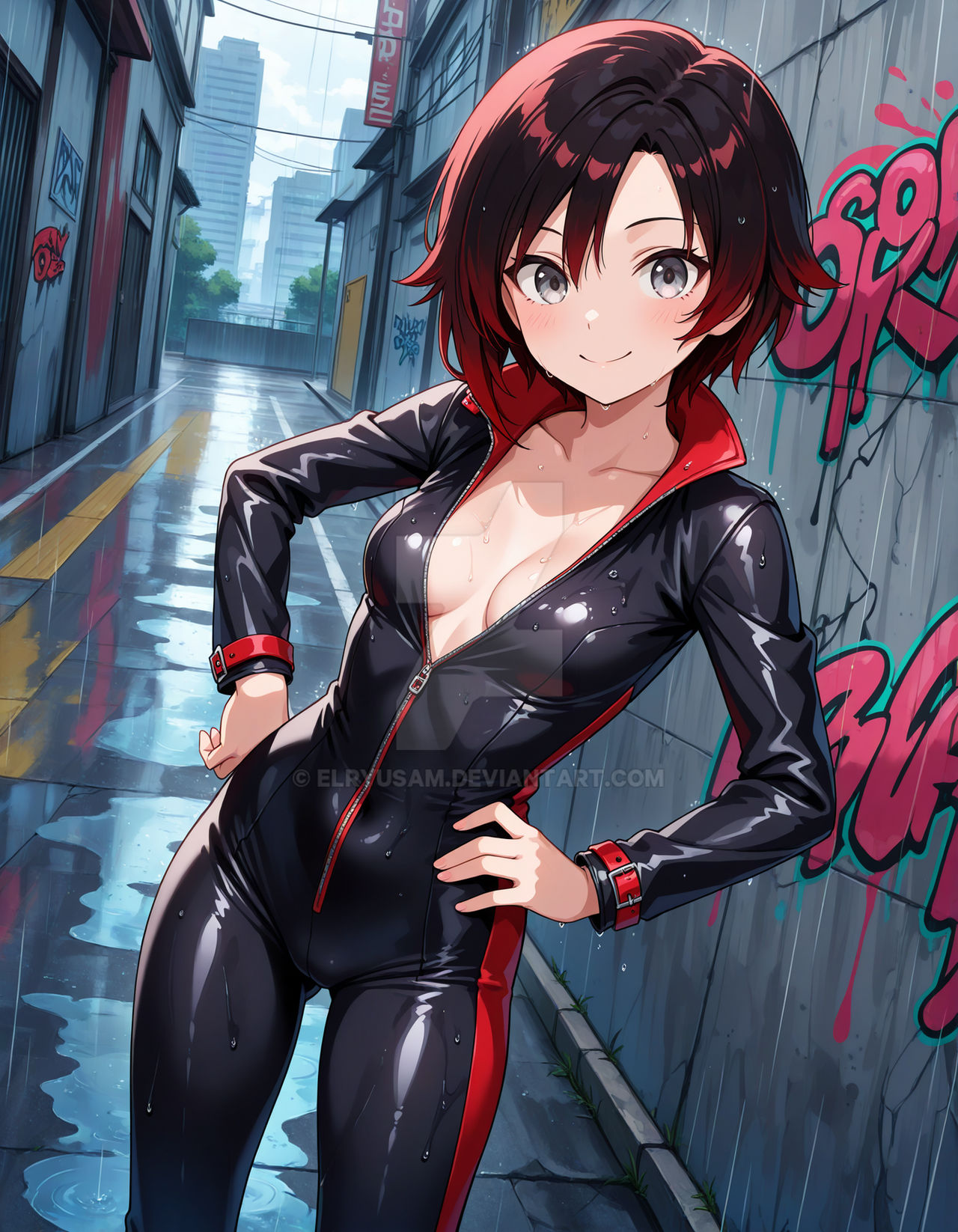 2025 ai_generated black_eyebrows catsuit city city_background crunchyroll deviantart elryusam eyebrows_visible_through_hair grey_eyes hands_on_hips looking_at_viewer meta mouth_closed not_porn pink_cheeks rain raining red_and_black_hair ruby_rose rwby smile_at_viewer smiling_at_viewer tv_series tv_show wet_body wet_skin wet_suit