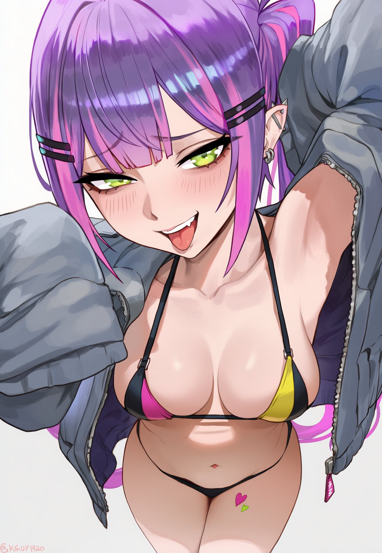 1girls, ai assisted, ai generated, bikini, blush, breasts, cute fang, ear piercing, fang, female, green eyes, grin, holoforce, hololive, hololive japan, jacket, kguy1920, looking at viewer, medium breasts, navel, open mouth, purple hair, sleeves past fingers, sleeves past wrists, swimsuit, tokoyami towa, tongue, tongue out, virtual youtuber, vtuber, white background