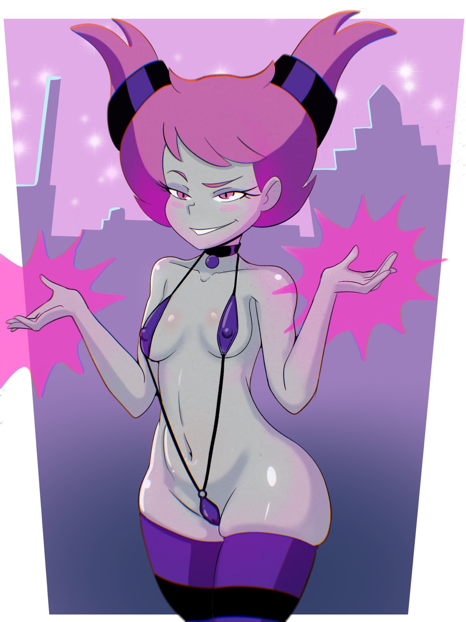 1girls, bikini, breasts, dc, dc comics, female, female focus, female only, grey body, grey skin, grey-skinned female, jinx (dc), long hair, looking at viewer, medium breasts, pink hair, porkshack, sling bikini, slingshot swimsuit, teen titans
