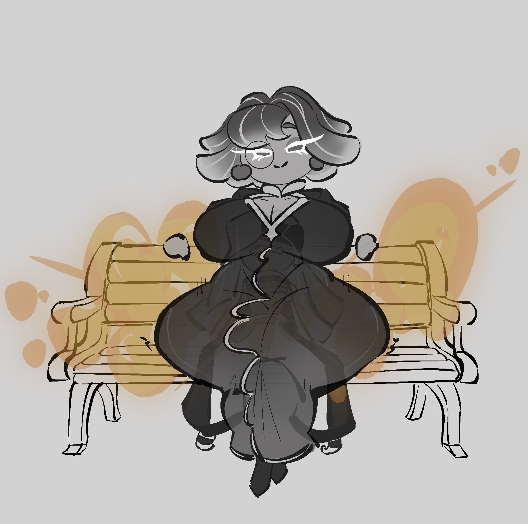 1girls, chocolate bonbon cookie, closed eyes smile, cookie run, cookie run kingdom, fart, fart cloud, fart fetish, farting, farting on lap, female, milosartses, sitting on lap, sour belt cookie, tagme