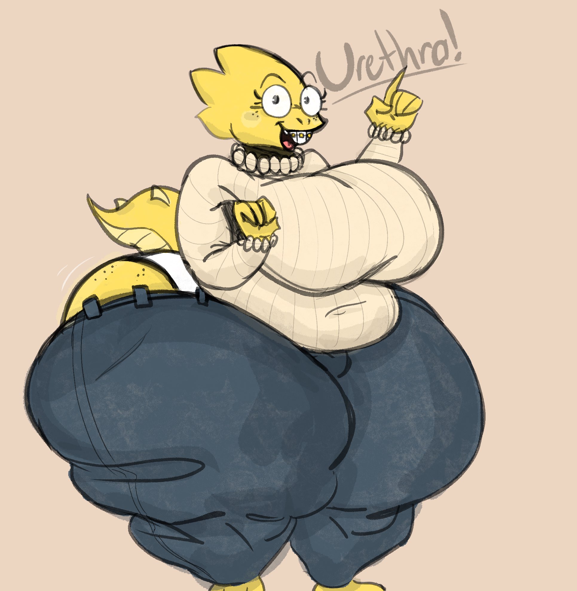 2024, alphys, anthro, ass, belly, big ass, big belly, big breasts, big butt, big teeth, black eyebrows, black eyes, black mouth, blue bottomwear, blue clothing, blue jeans, blue pants, bottomwear, braces, breasts, clothing, colored, colored sketch, denim, denim bottomwear, denim clothing, dialogue, digital media (artwork), dinosaur, english text, eyebrows, eyelashes, eyewear, female, freckled butt, freckled face, freckles, glasses, hi res, huge ass, huge breasts, huge butt, huge thighs, hyenalattes, hyper, hyper ass, hyper butt, hyper thighs, jeans, lizard, looking at viewer, navel outline, nerd, open mouth, open smile, overweight, overweight anthro, overweight female, panties, pants, prehistoric species, red tongue, reptile, scalie, simple background, sketch, smile, smiling at viewer, solo, tail, tan background, tan clothing, tan sweater, tan topwear, text, thick thighs, tight clothing, tongue, topwear, undertale, undertale (series), underwear, white clothing, white panties, white underwear, yellow body, yellow tail