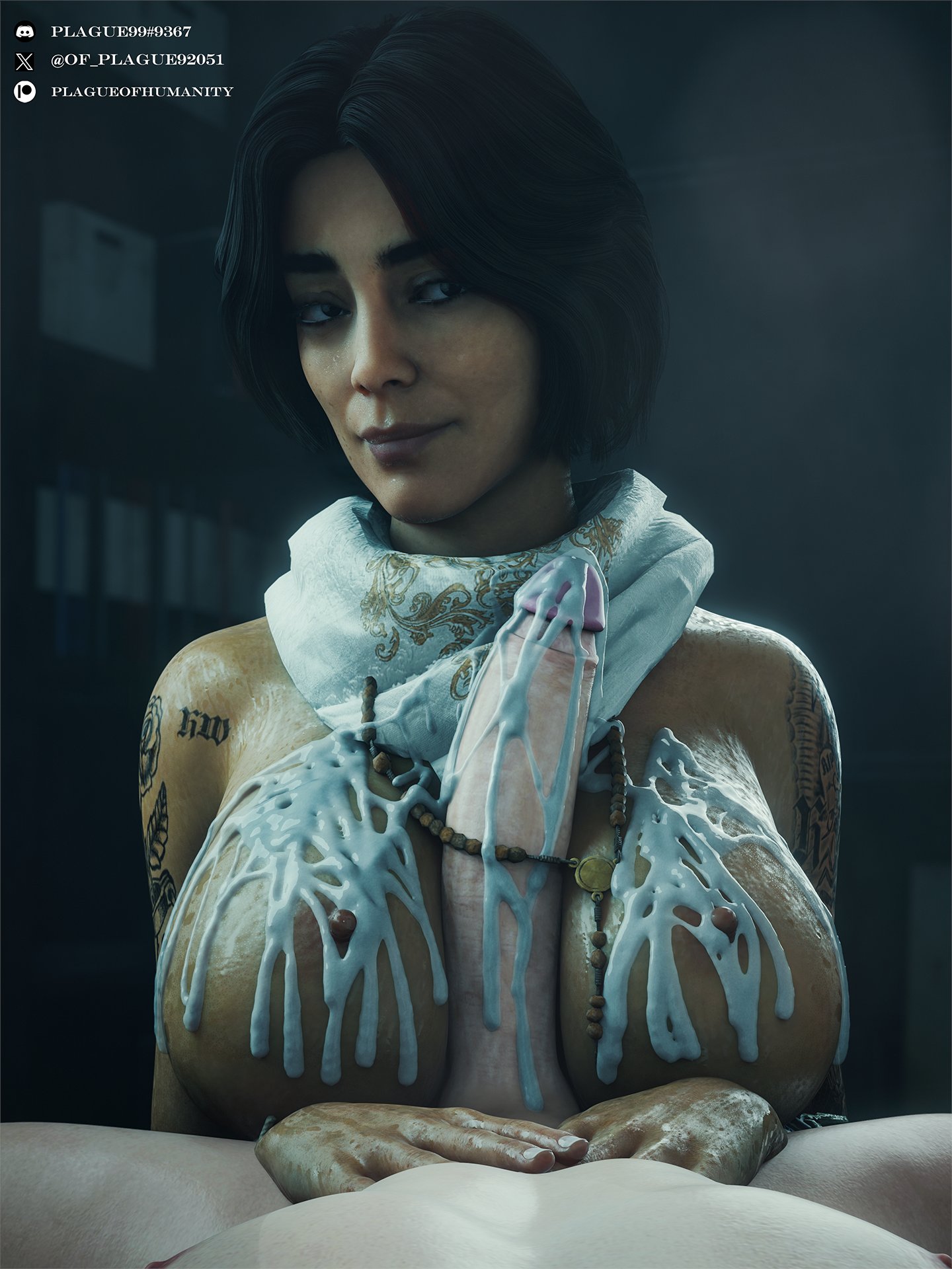 1boy, 1girls, 3d, big breasts, big penis, black hair, breasts, call of duty, call of duty modern warfare 2 (2022), cum, cum on breasts, dark skin, dark-skinned female, erection, female, huge breasts, interracial, latina, light skin, light-skinned male, male, necklace, necklace on penis, nipples, paizuri, penis, plague of humanity (artist), scarf, tattoo, valeria garza