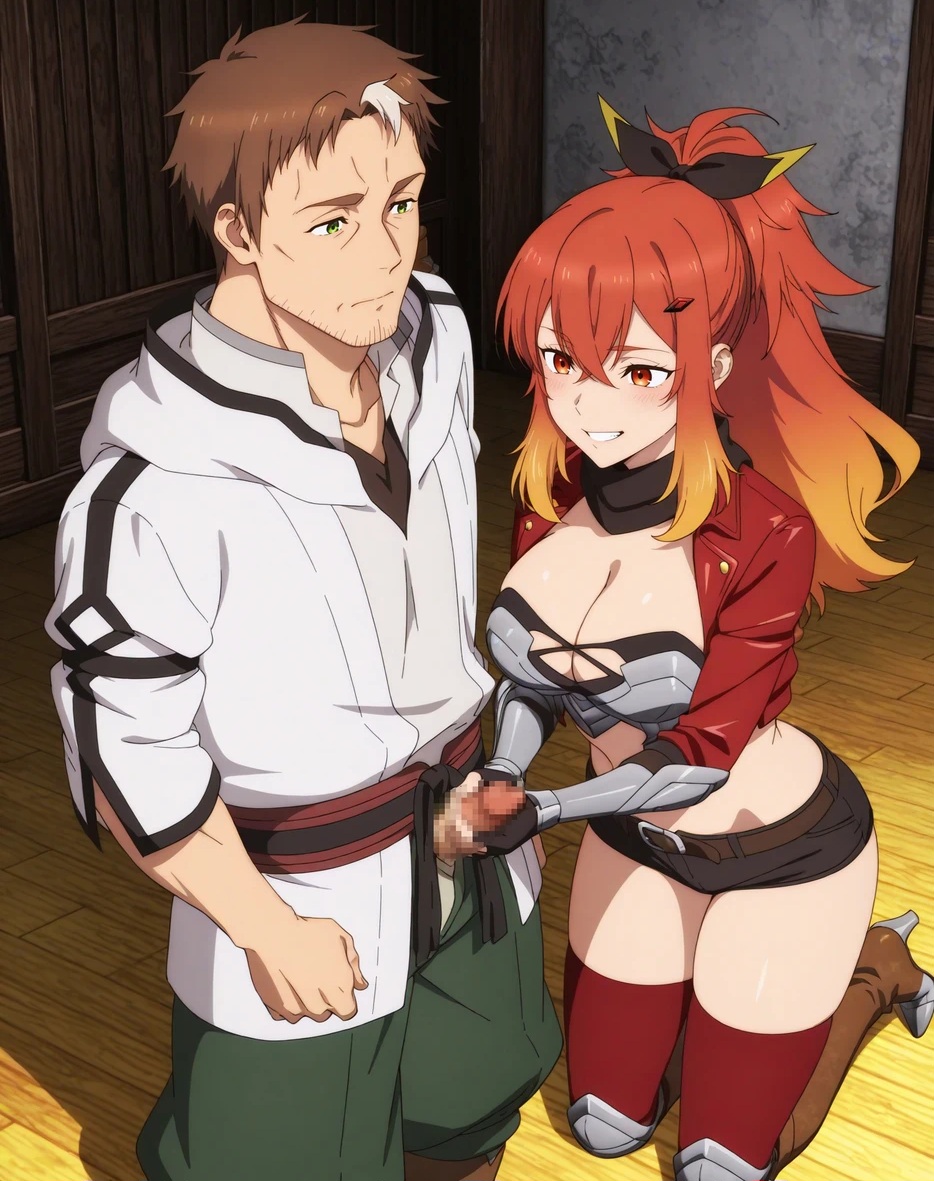 1boy, 1girls, ai generated, beryl gardernant, brown hair, clothed female clothed male, female, hairo, handjob, katainaka no ossan kensei ni naru, male, multicolored hair, smile, surena lysandra