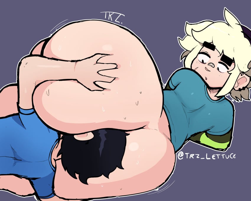 2boys, anilingus, ass, ass grab, bandage, bandage on nose, big ass, black hair, blonde hair, bottom heavy, brawl stars, ear piercing, ear piercings, fat ass, femboy, gay, gus (brawl stars), huge ass, huge butt, humongous ass, male, male only, rimming, rimming male, short hair, trz lettuce