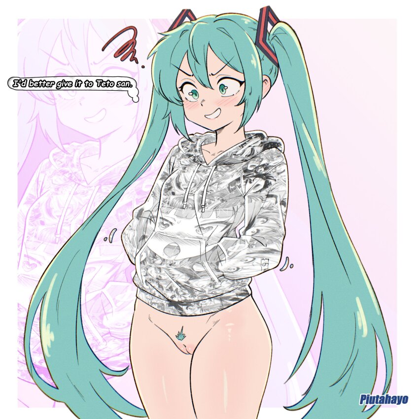 1girl, absurdres, ahegao clothing, ai assisted, ai generated, aqua eyes, aqua hair, aqua pubic hair, artist name, blue hair, blush, border, bottomless, cleft of venus, colored pubic hair, commentary, cowboy shot, english commentary, english text, female, female pubic hair, grin, hair between eyes, hands in pockets, hatsune miku, highres, hood, hoodie, long hair, looking ahead, meme, outside border, piutahayo, print hoodie, pubic hair, purple background, pussy, smile, solo, speech bubble, teeth, thought bubble, twintails, uncensored, v-shaped eyebrows, very long hair, vocaloid, white border, zoom layer