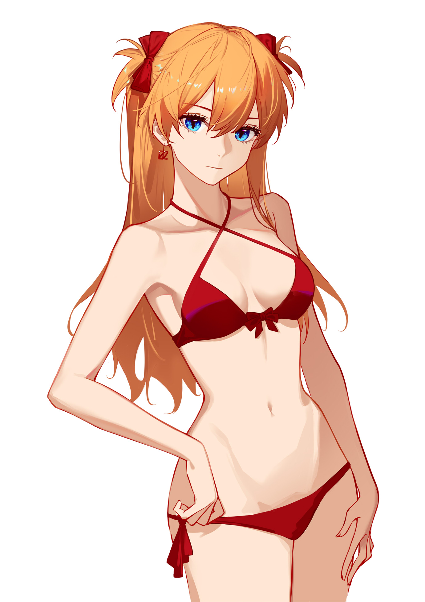 1girls, 1zayoihypoxia, asuka langley sohryu, bare arms, bare legs, bikini, blue eyes, breasts, brown hair, earrings, female, hair between eyes, hair ribbon, highres, jewelry, legs together, long hair, medium breasts, neon genesis evangelion, red bikini, ribbon, shiny skin, short twintails, side-tie bikini bottom, solo, souryuu asuka langley, split mouth, swimsuit, twintails, white background, wide hips