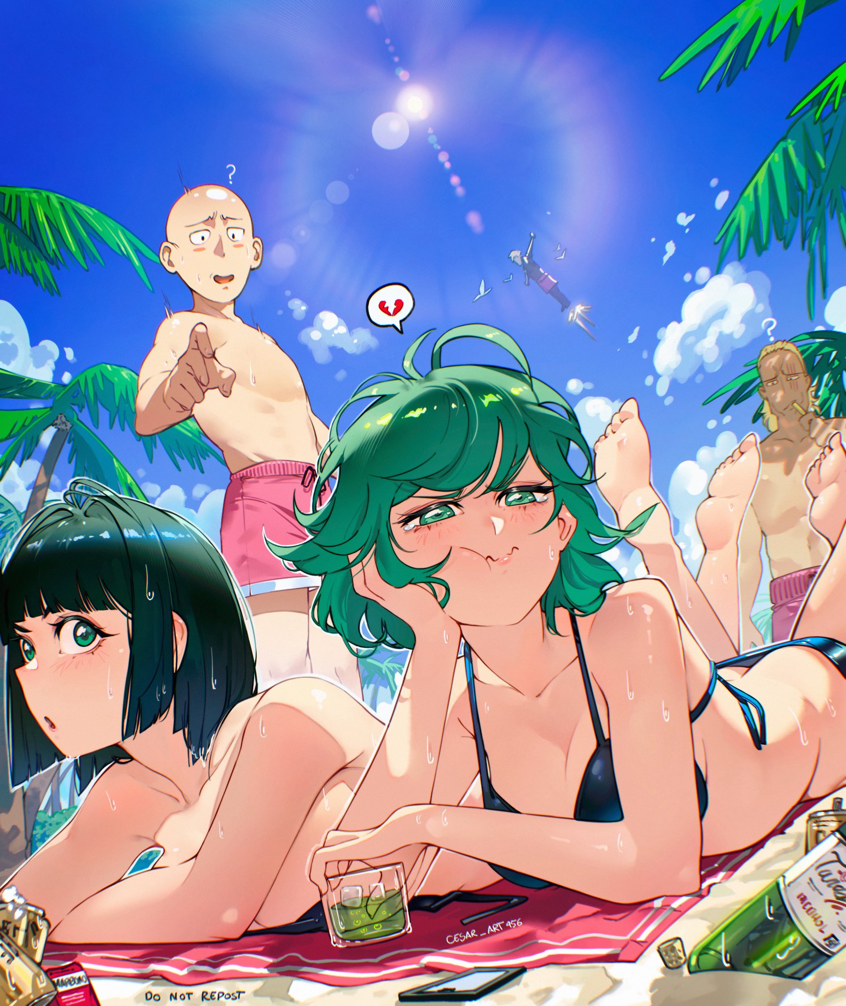 2boys, 2girls, bald, bare arms, bare shoulders, bikini, black bikini, blue sky, breasts, cesar art456, cloud, day, english commentary, esper sisters, feet up, female, flipped hair, fubuki (one-punch man), genos, green eyes, green hair, heart, highleg, highleg bikini, highres, king (one-punch man), large breasts, legs together, looking at viewer, lying, lying on stomach, male, male swimwear, medium breasts, mountainous horizon, multiple boys, multiple females, multiple girls, multiple males, ocean, one-punch man, outdoors, palm leaf, red swim trunks, saimaki, saitama, shiny clothes, short hair, side-tie bikini bottom, sky, solo focus, speech bubble, spoken heart, standing, strapless, strapless bikini, swim trunks, swimsuit, tagme, tatsumaki, teeth, uneven eyes, wading, water
