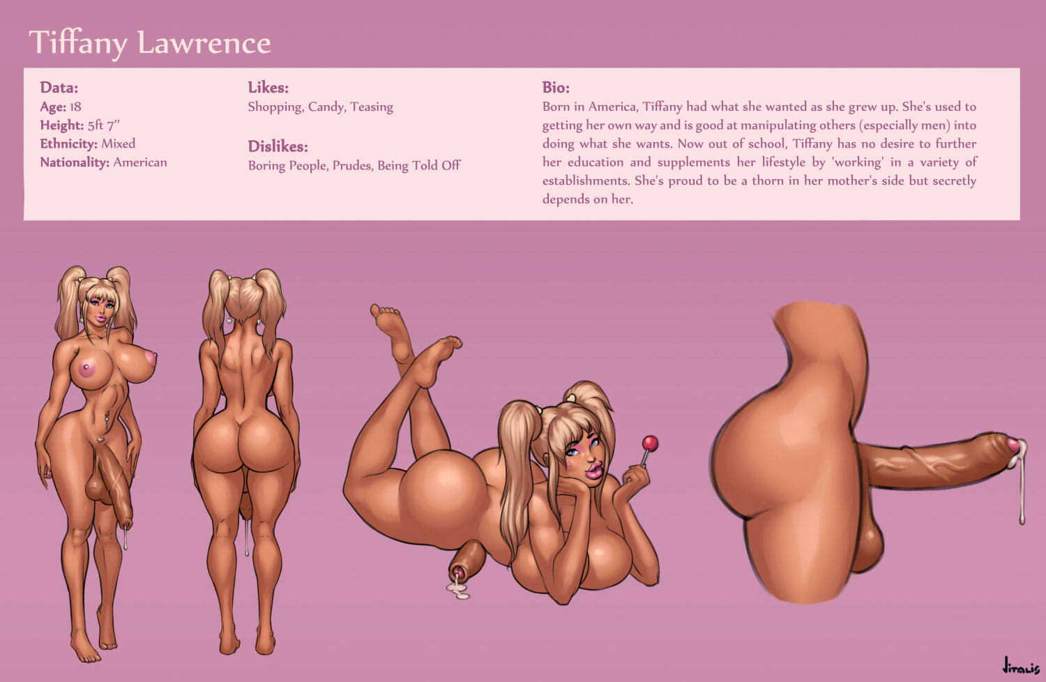 1futa, areolae, ass, backsack, balls, ballsack, barefoot, bimbo, blonde hair, blue eyes, breasts, character sheet, curvy, erect nipples, erection, feet, flaccid, futa only, futa sans pussy, futanari, hourglass figure, huge ass, huge breasts, huge penis, intersex, large areolae, large balls, lollipop, looking at viewer, nipples, nude, penis, precum, precum drip, sagging balls, soles, solo, solo futa, testicles, text, tiffany lawrence, toes, twintails, vitalis, wide hips