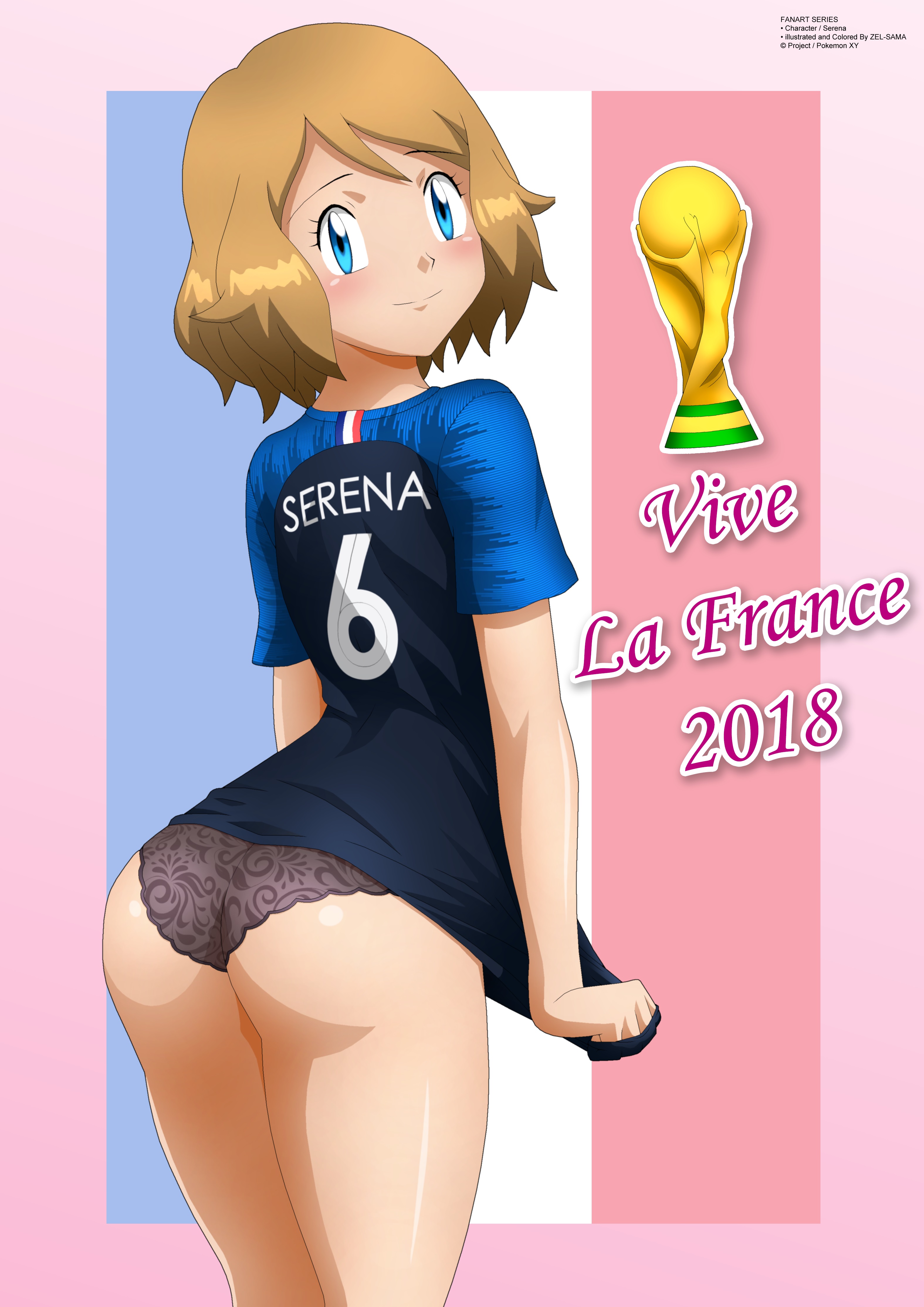 1girls, 2018, ass, black panties, blonde hair, blonde-haired female, blue eyes, blush, eyelashes, female, female only, holding, human, human only, looking at viewer, looking back, nintendo, pajamas, panties, pink background, pokemon, pokemon xy, see-through, serena (pokemon), shirt, shirt pull, short hair, standing, text, watermark, world cup, zel-sama