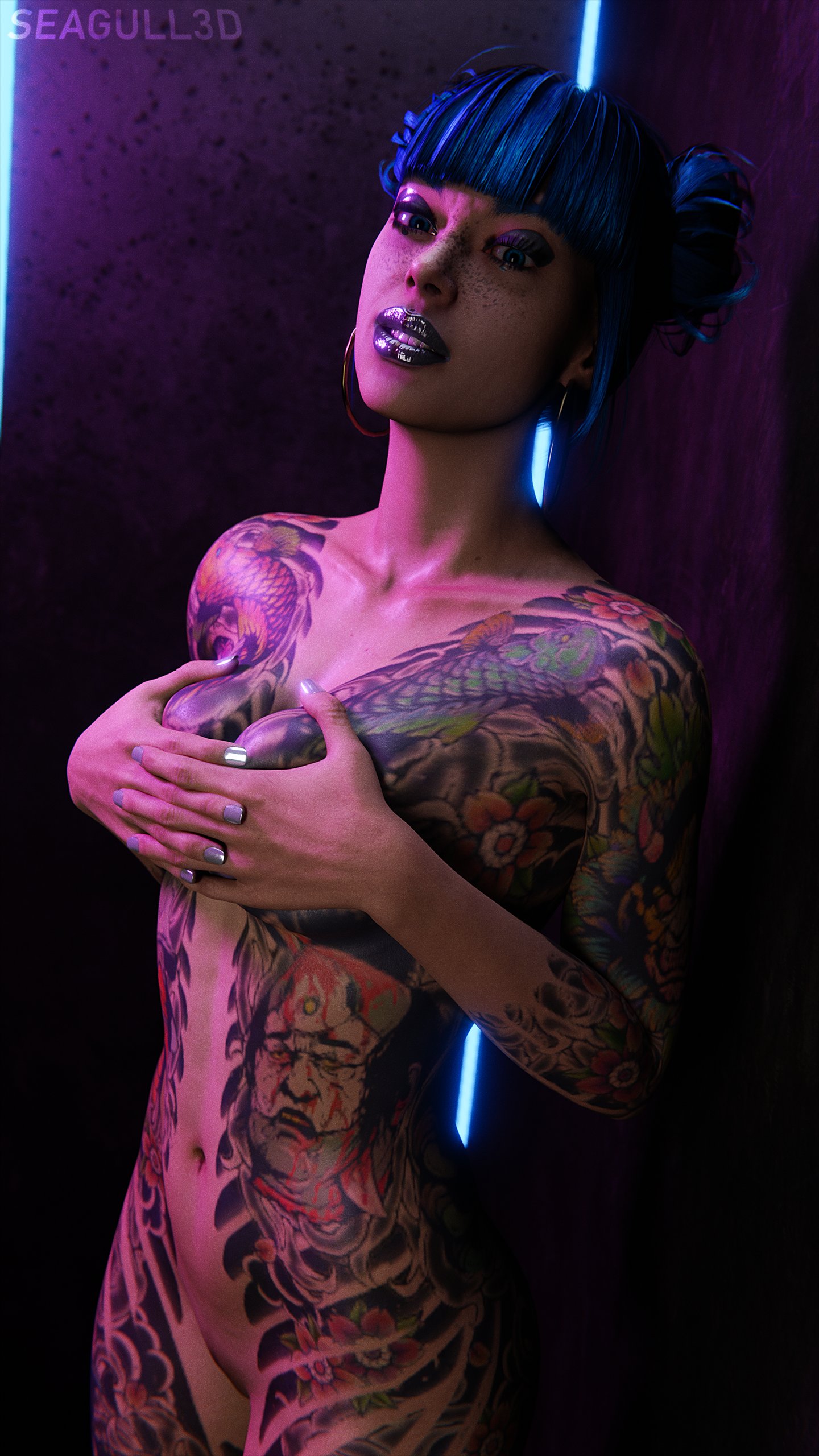 1girls, 3d, black lipstick, blue hair, cd projekt red, cheri nowlin, cyberpunk 2077, female, female only, freckles, pussy, seagull3d, solo, tattoo, tattoos, tattoos everywhere, yakuza tattoo
