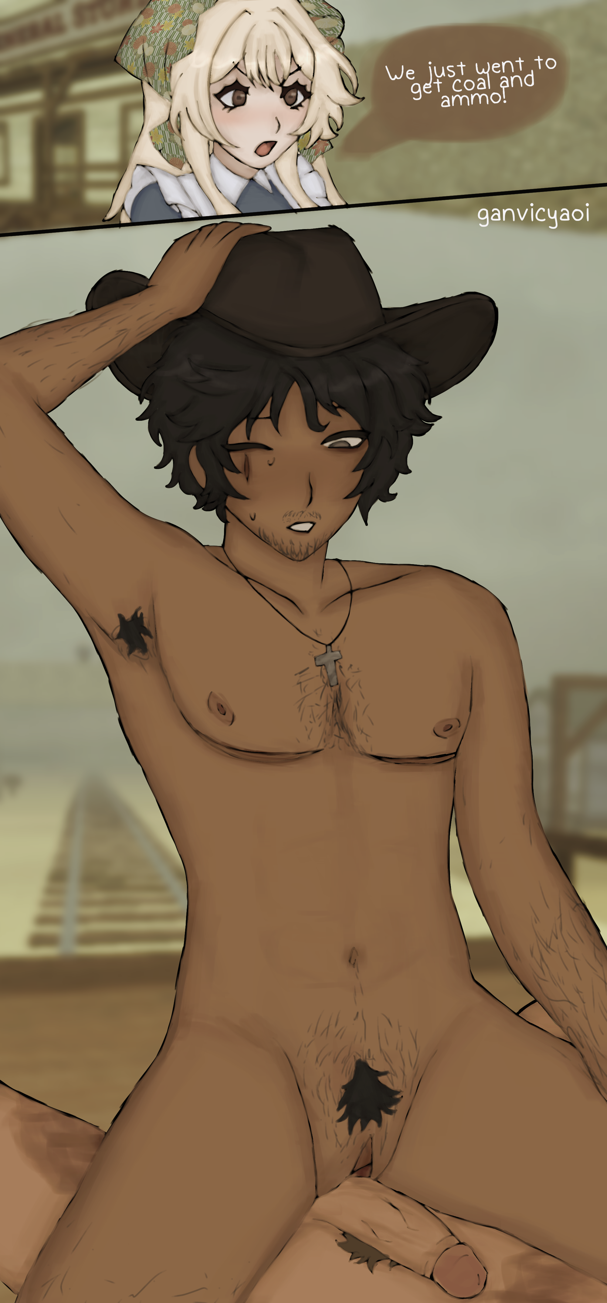 2 panel comic, artist upload, blush, burn scar, bystander, cowboy, cowboy hat, cuntboy, cuntboy/male, dark skin, dark-skinned male, dead rails, english text, facial hair, female, ganvicyaoi, grinding on penis, hairy cuntboy, intersex, light skin, light-skinned female, male, mastectomy scar, no penetration, nurse, oc, original character, penis, pussy, roblox, roblox game, robloxian, rubbing penis on pussy, scar, scars, self upload, shocked expression, shocked female, tan skinned male, text, trans man, yaoi with female audience