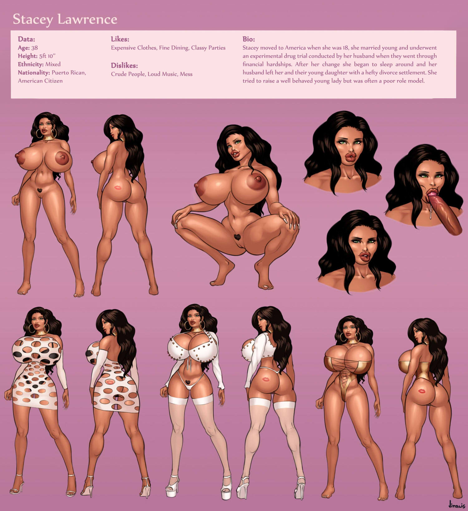 1girls, areola, ass, bimbo, breasts, character sheet, cleavage, curvy, erect nipples, female, female only, high heels, huge ass, hyper, hyper breasts, looking at viewer, nipples, no bra, nude, panties, platform heels, pubic hair, pussy, skirt, solo, squatting, stacey lawrence, text, thighhighs, vitalis