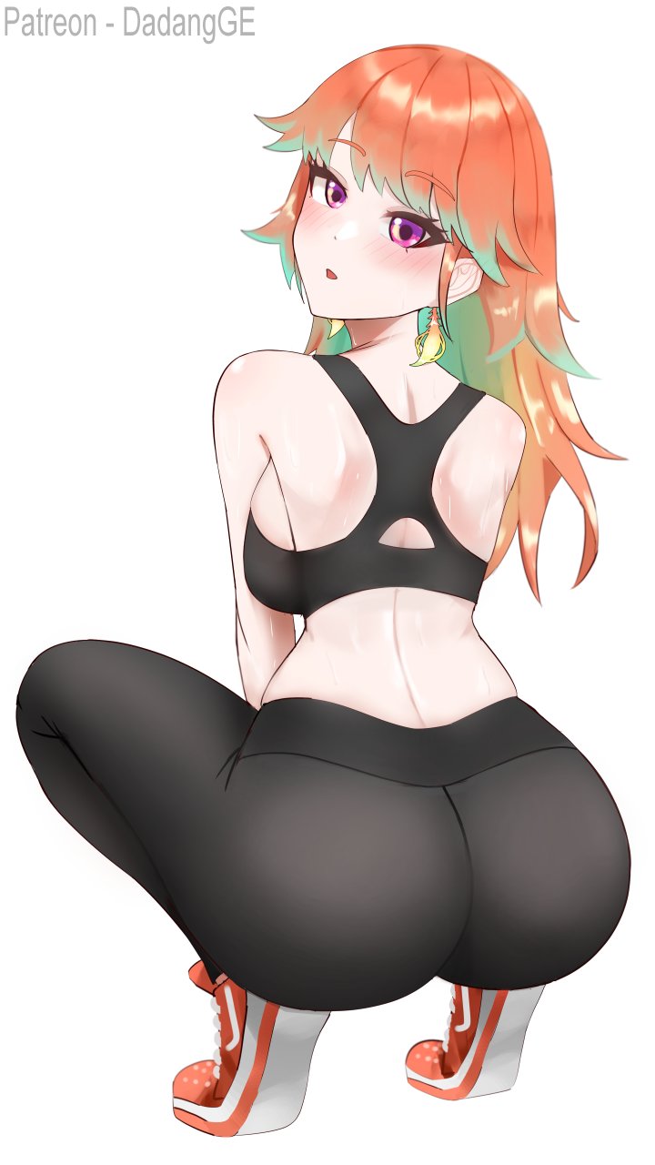 1girls, ass, ass focus, back view, big ass, breasts, dadangge, female, gym clothes, hololive, hololive english, hololive myth, looking at viewer, looking back, orange hair, pants, purple eyes, sideboob, solo, sports bra, squatting, sweat, sweaty, takanashi kiara, tight pants, virtual youtuber, workout clothes, yoga pants