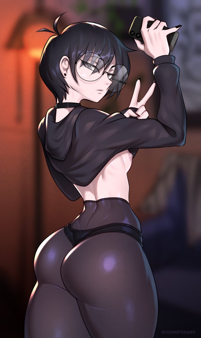 1girls, ahoge, areolae, ass, black eyes, black hair, blurry background, breasts, choker, clothes lift, emo, emo girl, female, female only, freckles, glasses, goth, goth girl, grey eyes, hoodie, johnfoxart, kiki (anikiki kun), large ass, looking at viewer, narrowed eyes, nerdy, nerdy female, panties, panties under pantyhose, pantyhose, phone, round glasses, selfie, shirt lift, short hair, skin tight, small breasts, solo, thick ass, thick thighs, tomboy, v sign, very short hair