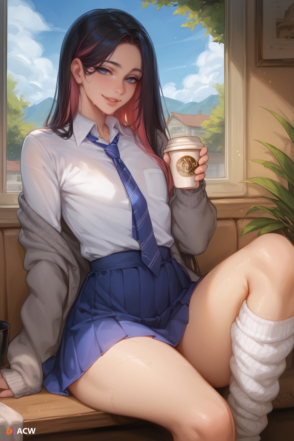 1boy acw ai_generated androgynous black_hair blue_eyes blue_necktie blue_skirt coffee coffee_cup cute_male femboy feminine_male girly grey_sweater light-skinned_femboy light-skinned_male light_skin long_hair looking_at_viewer loose_socks male multicolored_hair necktie one_leg_raised otoko_no_ko pink_hair school_uniform schoolgirl_uniform shirt sitting skirt smile smiling_at_viewer solo solo_femboy solo_male sweat sweater thighs trap white_shirt white_socks
