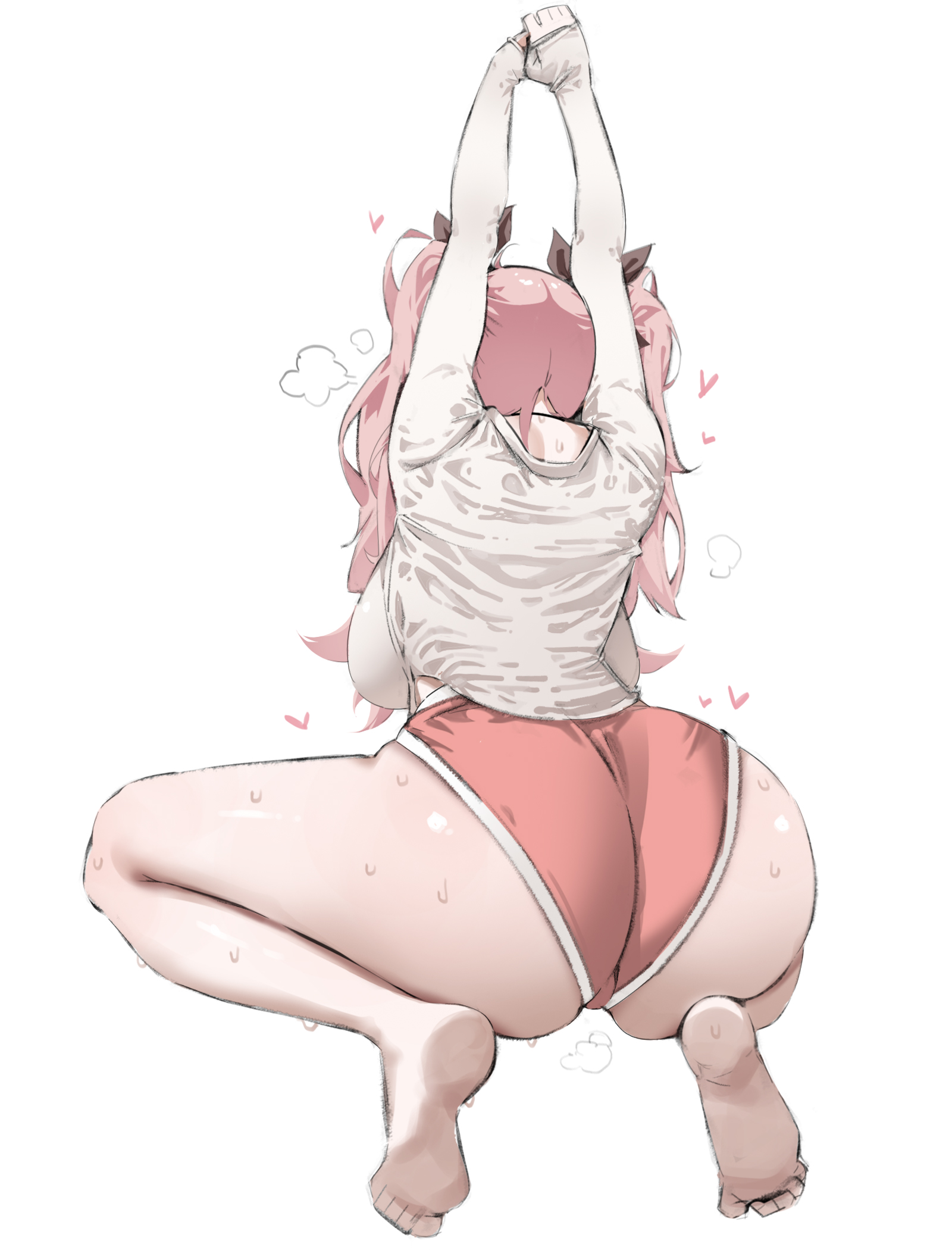 arms up, ass, bare legs, barefoot, black ribbon, breasts, commentary request, facing away, female, from behind, hair ribbon, heart, highres, huge ass, large breasts, long hair, long sleeves, nicole demara, outstretched arms, own hands together, pink hair, pink shorts, ribbon, shirt, short shorts, shorts, simple background, sleeves past wrists, soles, solo, squatting, steaming body, stretching, sweat, tiptoes, trefoil, twintails, white background, white shirt, whyd5424, zenless zone zero