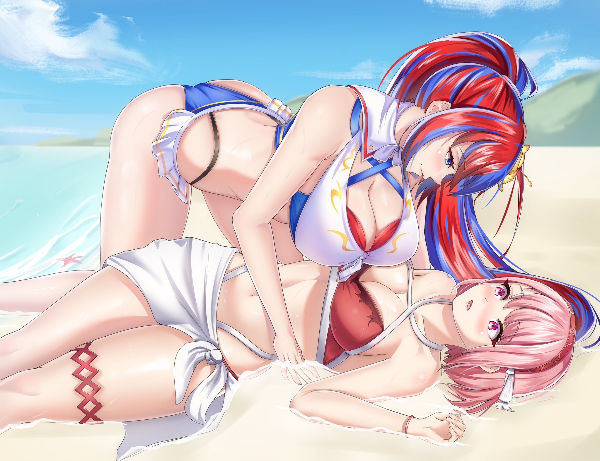 2girls, alear (female) (seaside dragon) (fire emblem), alear (fire emblem), alear (fire emblem) (female), all fours, alluring, alternate costume, ass, bare shoulders, big breasts, bikini, blue and red hair, blush, breast press, breasts, cleavage, eye contact, female, female only, fire emblem, fire emblem engage, fire emblem heroes, hair ribbon, hairband, heterochromia, high res, lapis (fire emblem), long hair, looking at another, lying, multicolored hair, multiple females, multiple girls, nintendo, on back, open mouth, pink eyes, pink hair, ribbon, sarong, short hair, smile, succducc888, swimsuit, top-down bottom-up, very long hair