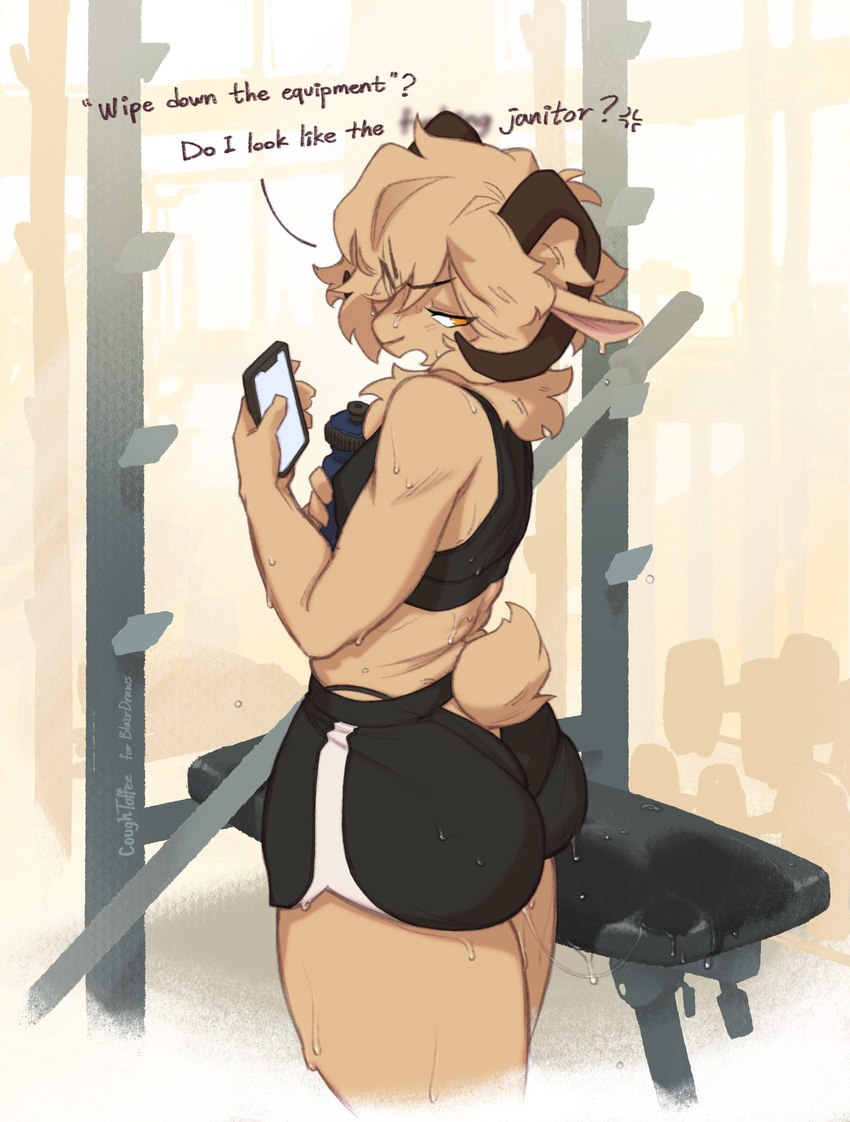 anthro, ass, big ass, big butt, biped, bodily fluids, bottomwear, brat, bratty, brown body, brown fur, butt imprint, clothed, clothing, coughytoffee, cross-popping vein, dialogue, electronics, eyebrows, fat ass, femboy, fingers, fur, glasses, goat, gym, hair, holding object, holding phone, horn, hotpants, imminent rape, looking at viewer, looking back, male, male anthro, orange eyes, pantylines, phone, public, question mark, rear view, shorts, shuff (ffuhss), skimpy, solo, sportswear, sweat, sweaty, sweaty ass, sweaty butt, sweaty legs, sweaty thighs, thong straps, underwear