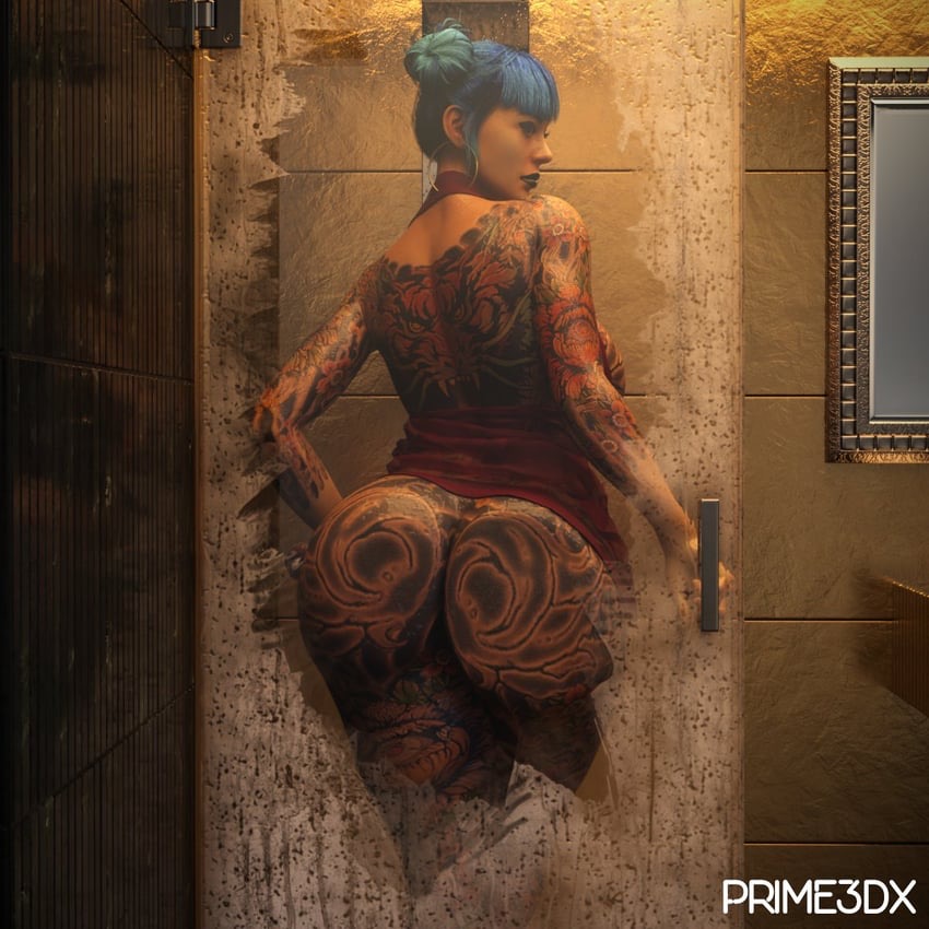 1girls, 3d, ass against glass, ass on glass, black lipstick, blue hair, cheri nowlin, cyberpunk 2077, double bun, earrings, female, from behind, hoop earrings, huge ass, looking at viewer, looking back, prime3dx, shower, tagme, tattoo, tattoos everywhere, thick thighs, wide hips, yakuza tattoo